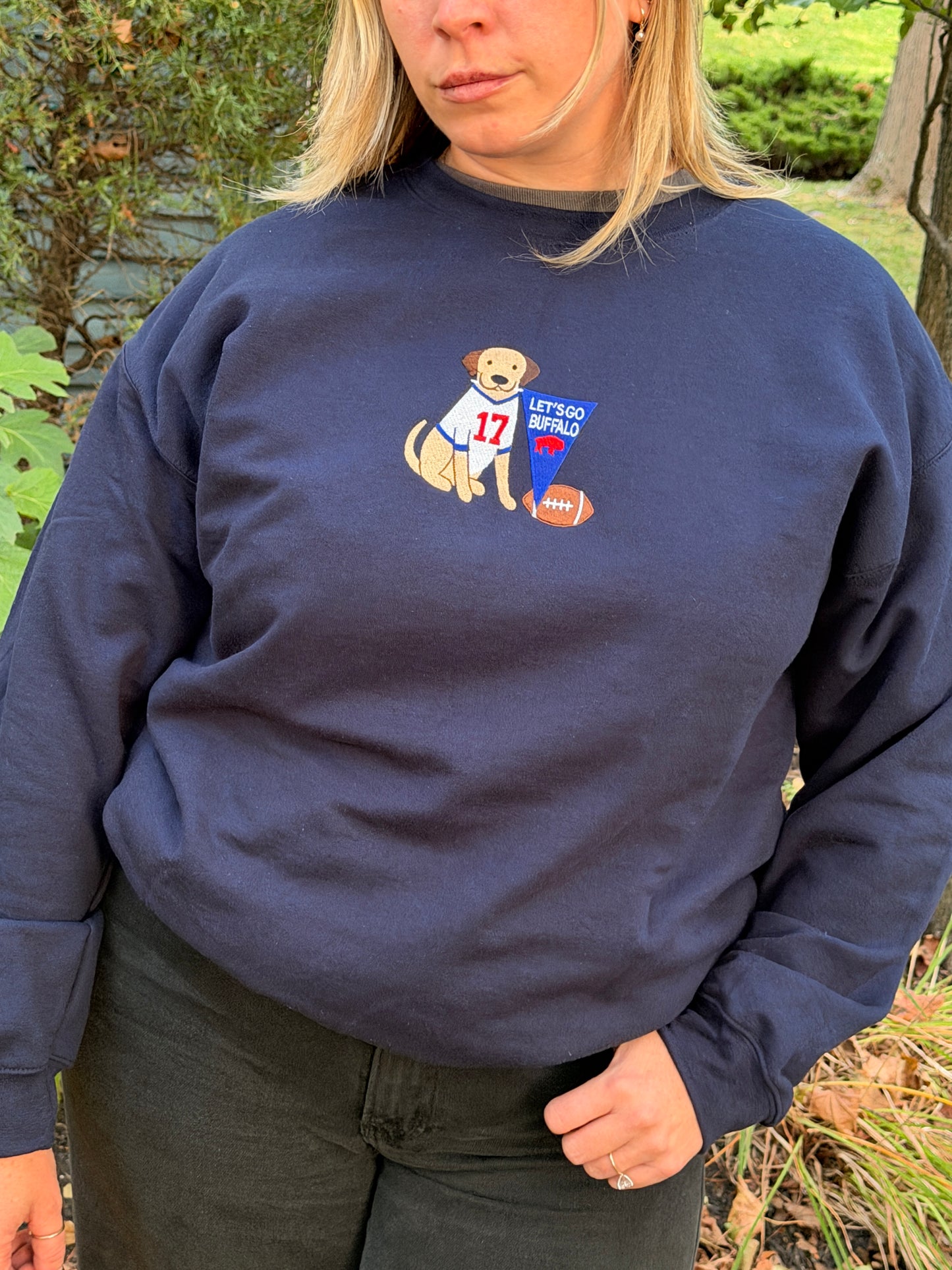 Embroidered Dog Let’s Go Buffalo, Buffalo Dog Crewneck