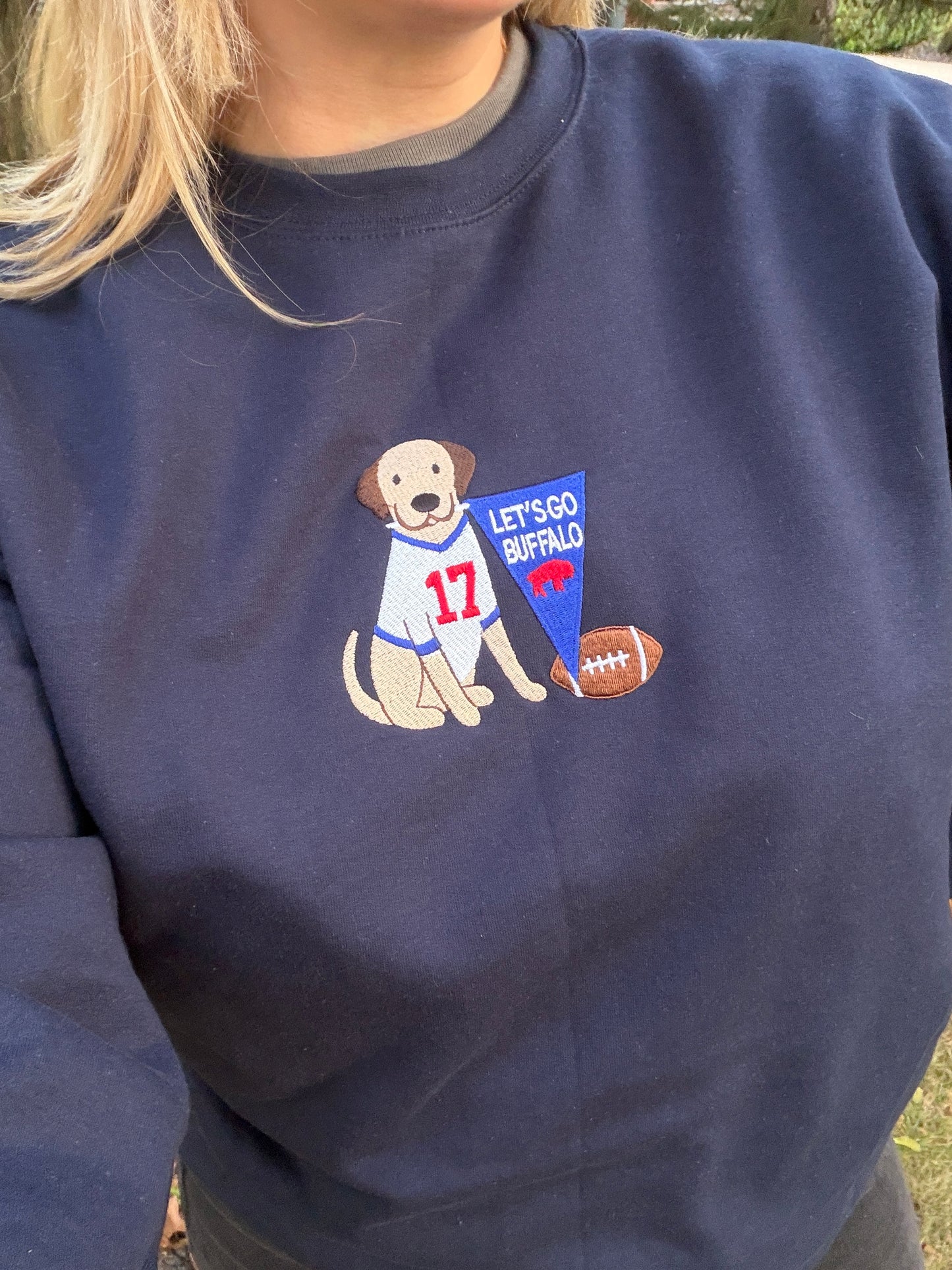 Embroidered Dog Let’s Go Buffalo, Buffalo Dog Crewneck