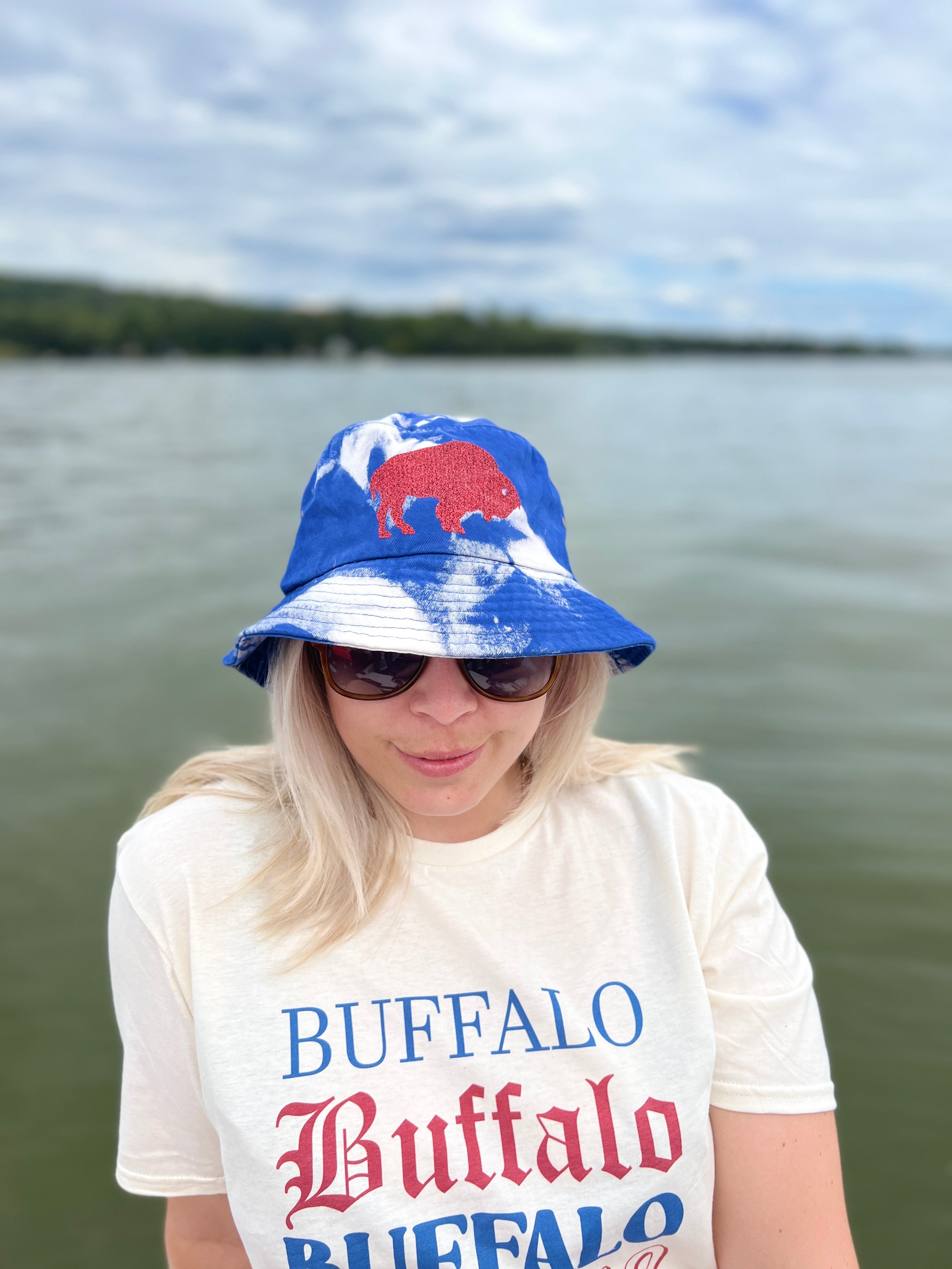 Buffalo Football Bucket Hat Red and Blue Splatter Dyed Hat 