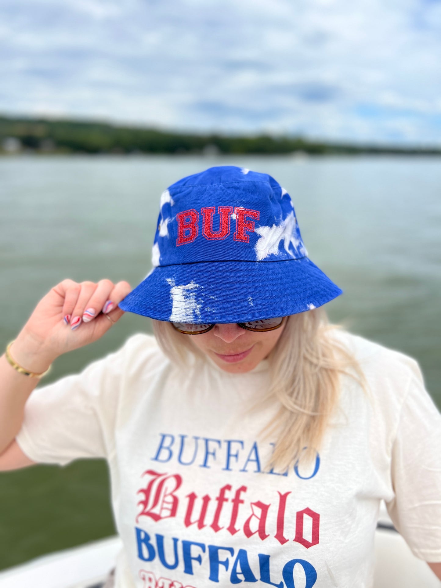 Buffalo blue bleach dye bucket hat, Buffalo bucket hat, Buffalo hat, Buffalo tie-dye bucket hat