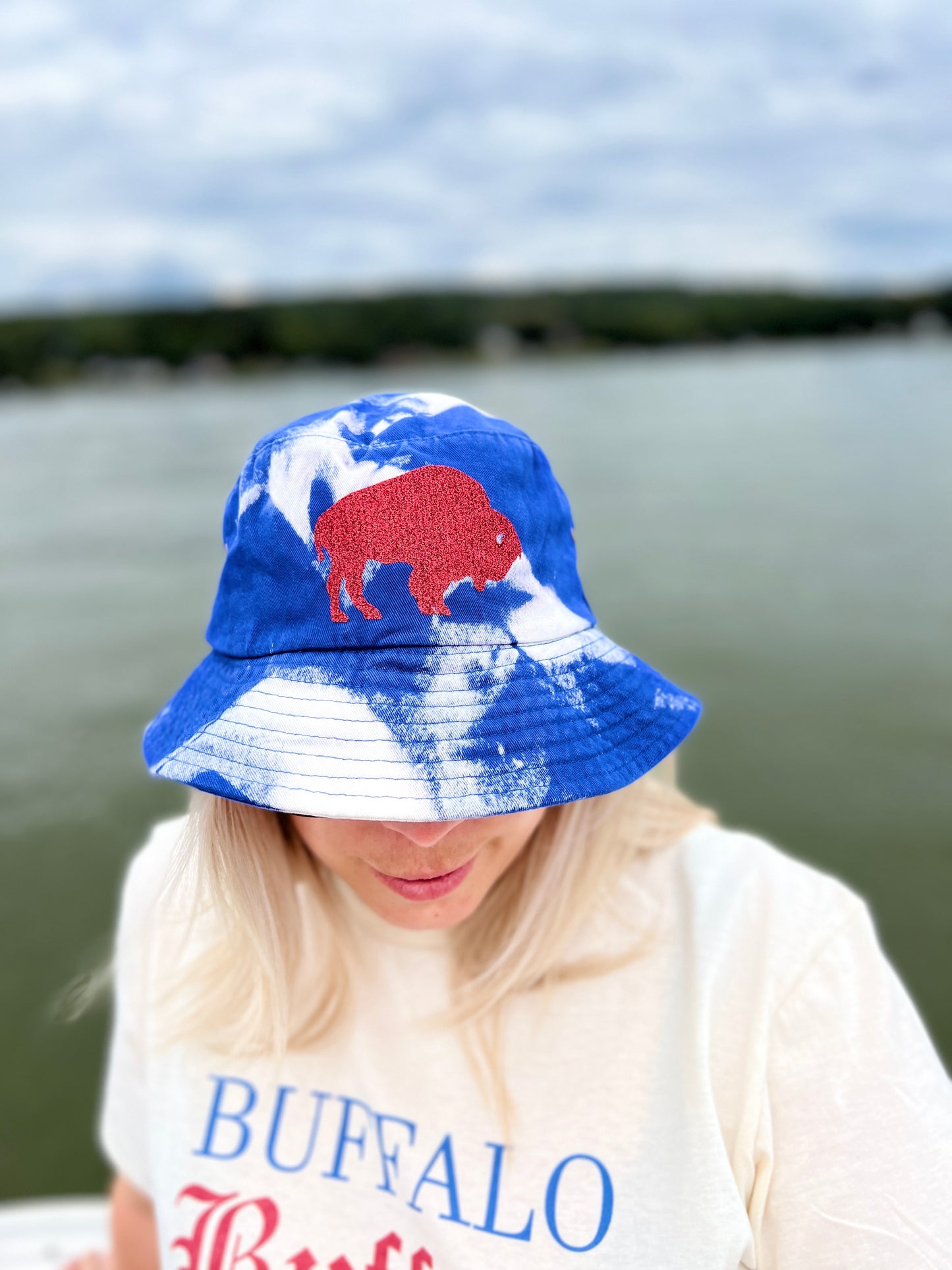 Buffalo blue bleach dye bucket hat, Buffalo bucket hat, Buffalo hat, Buffalo tie-dye bucket hat