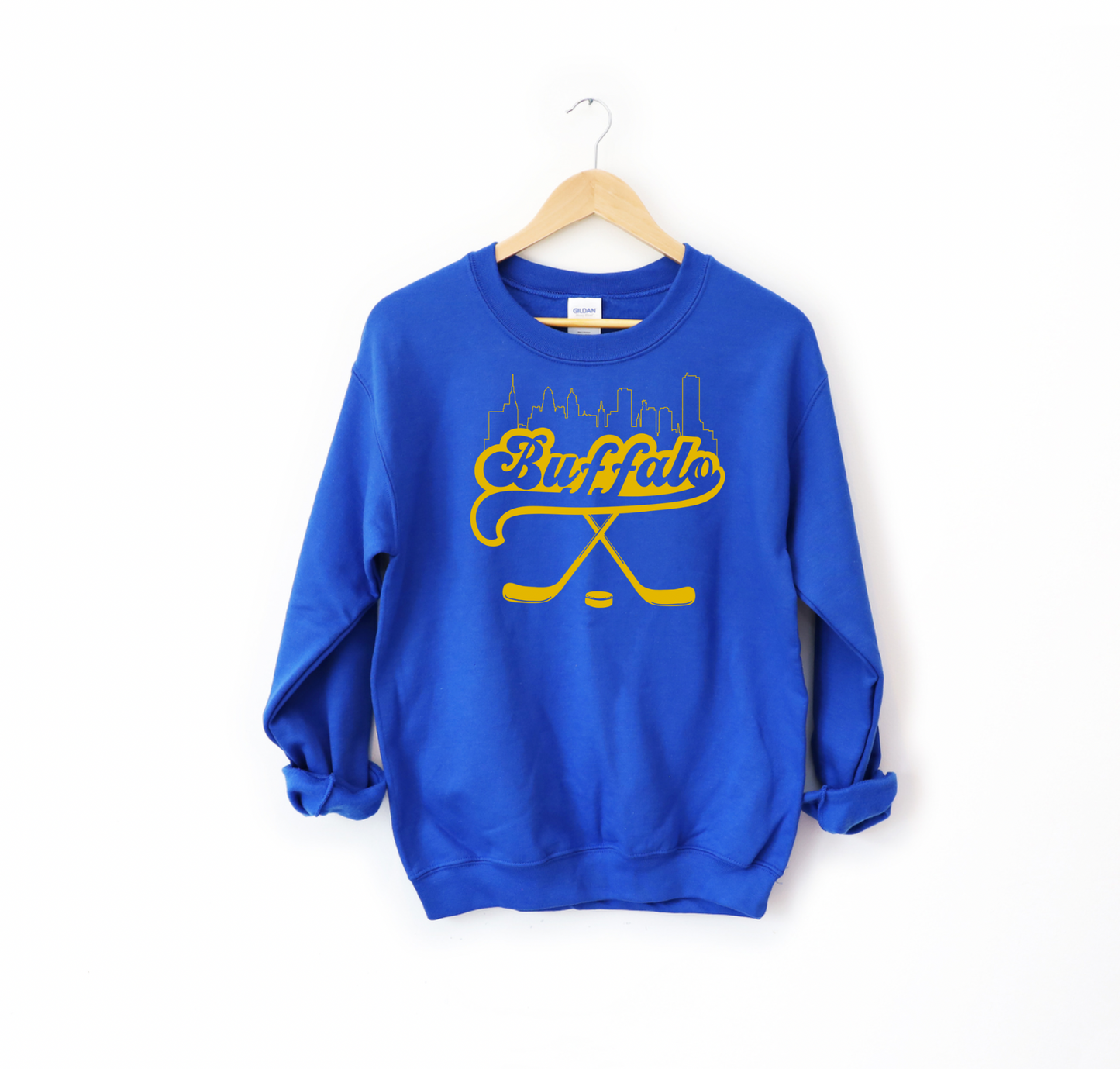 Buffalo hockey blue and gold skyline, Buffalo hockey hoodie and crew