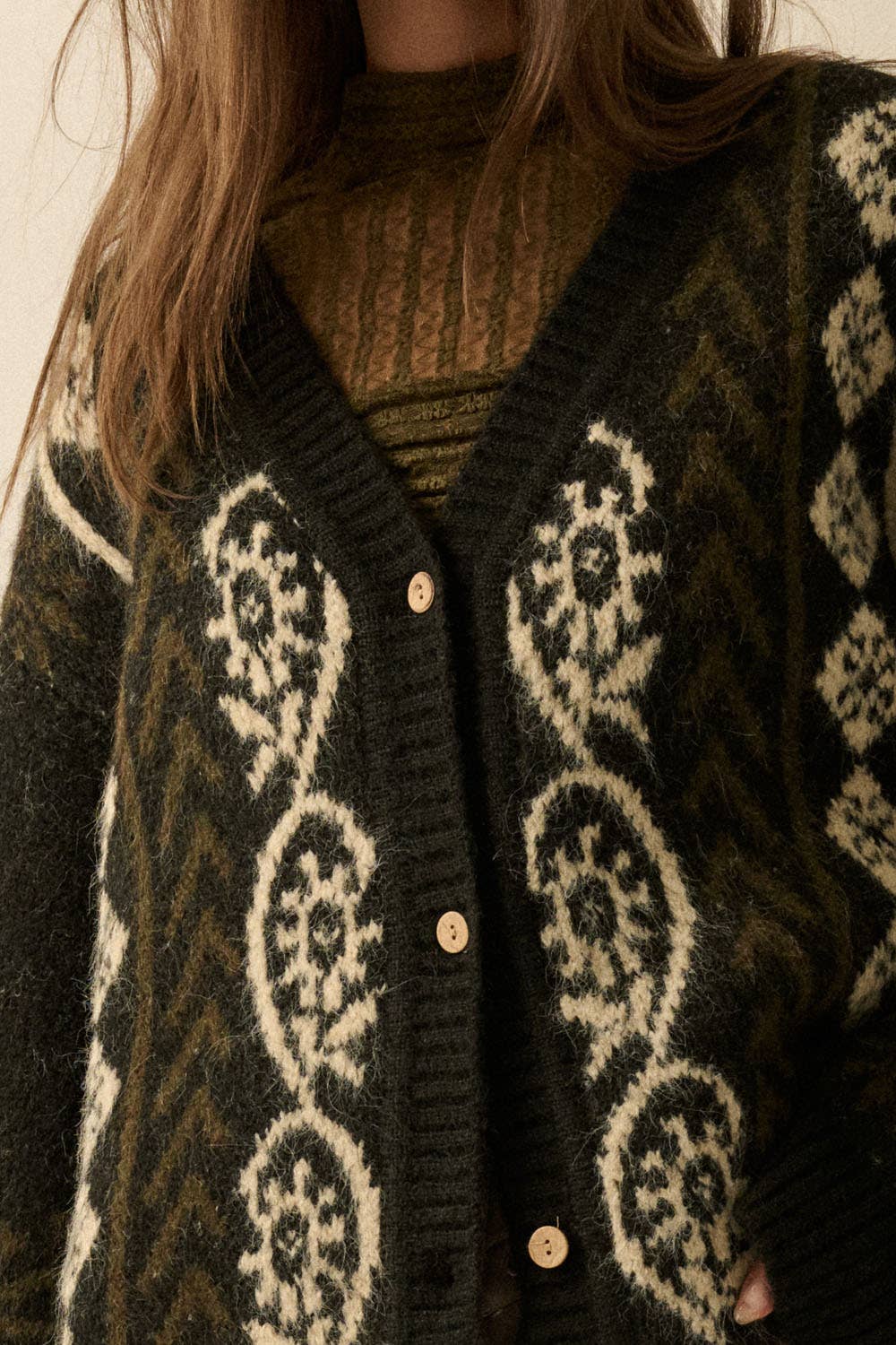 Fuzzy-Knit Patterned Jacquard Button-Up Cardigan