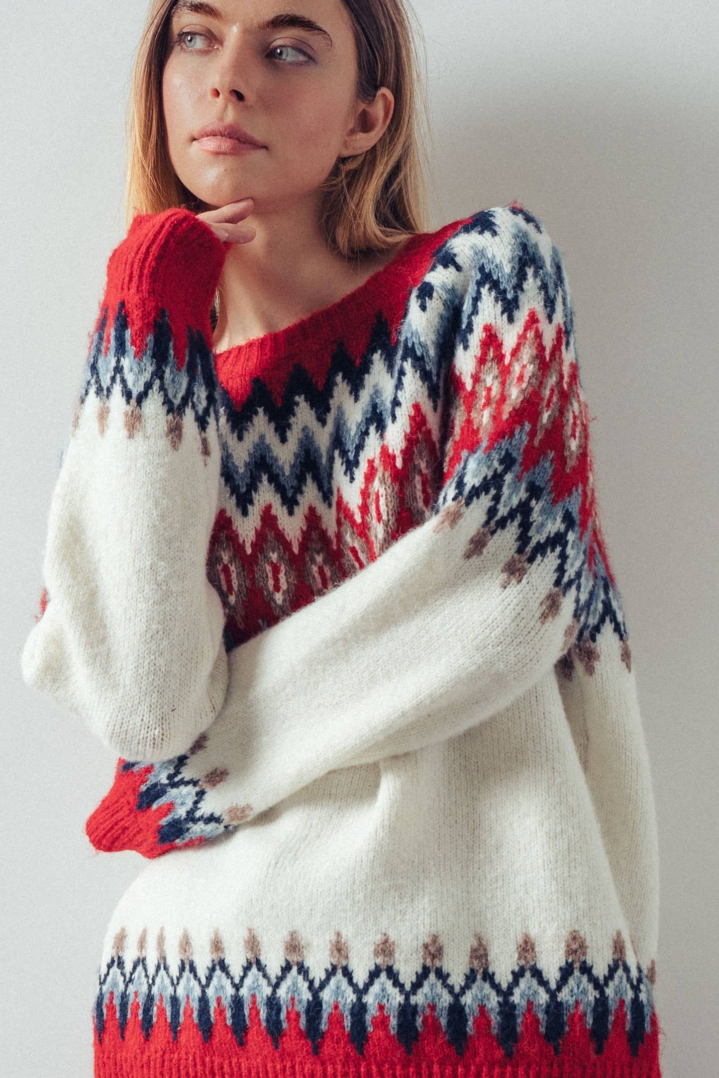 Fair Isle Wool Blend Sweater Top: RED MULTI