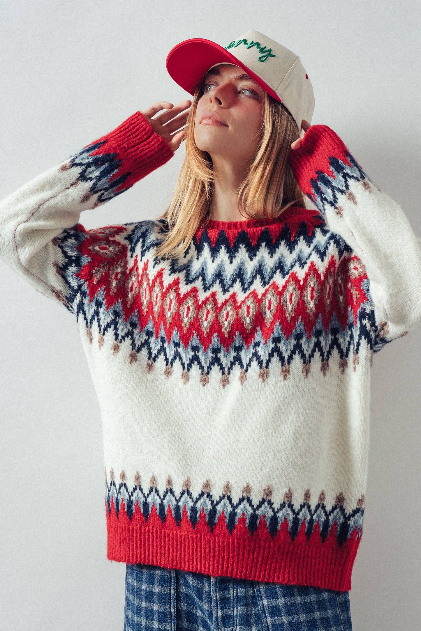 Fair Isle Wool Blend Sweater Top: RED MULTI