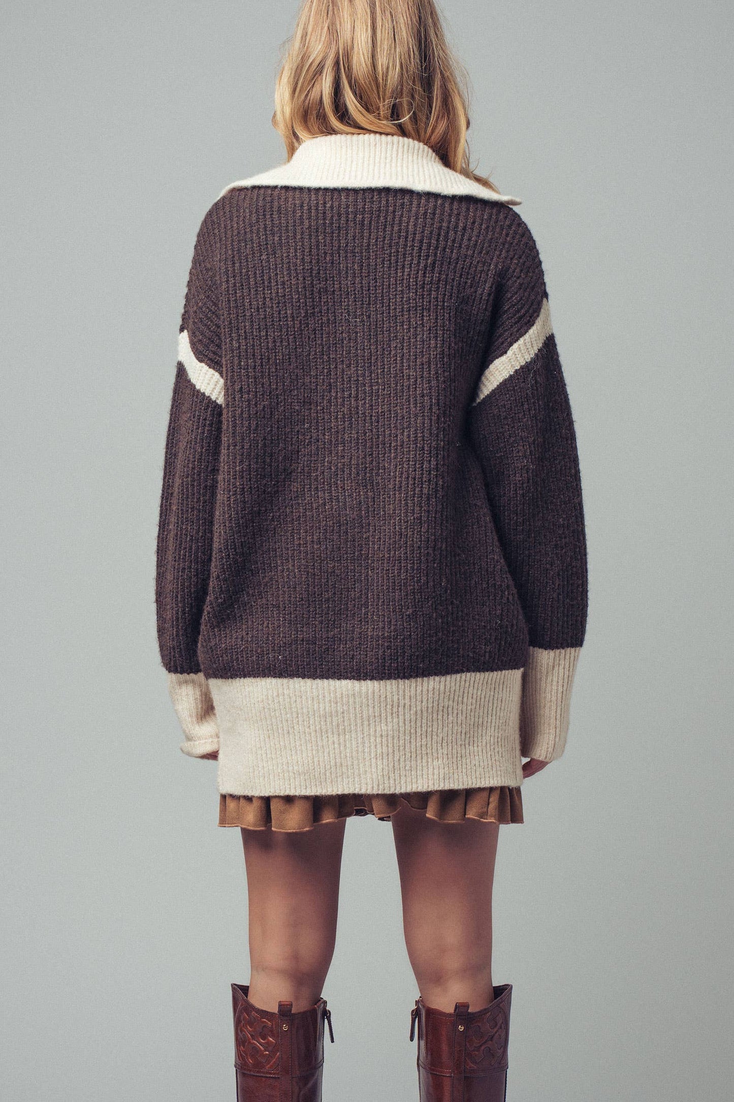 Contrast Trim Collared Sweater Cardigan: BROWN