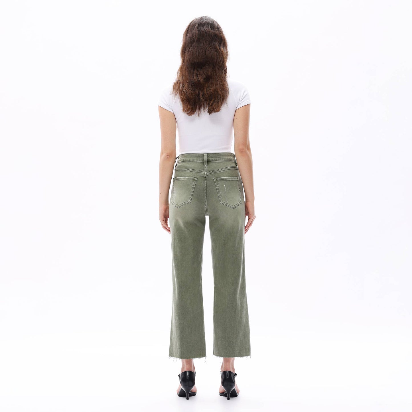 HIGH RISE WIDE LEG PANTS WITH RAW HEM : GREEN