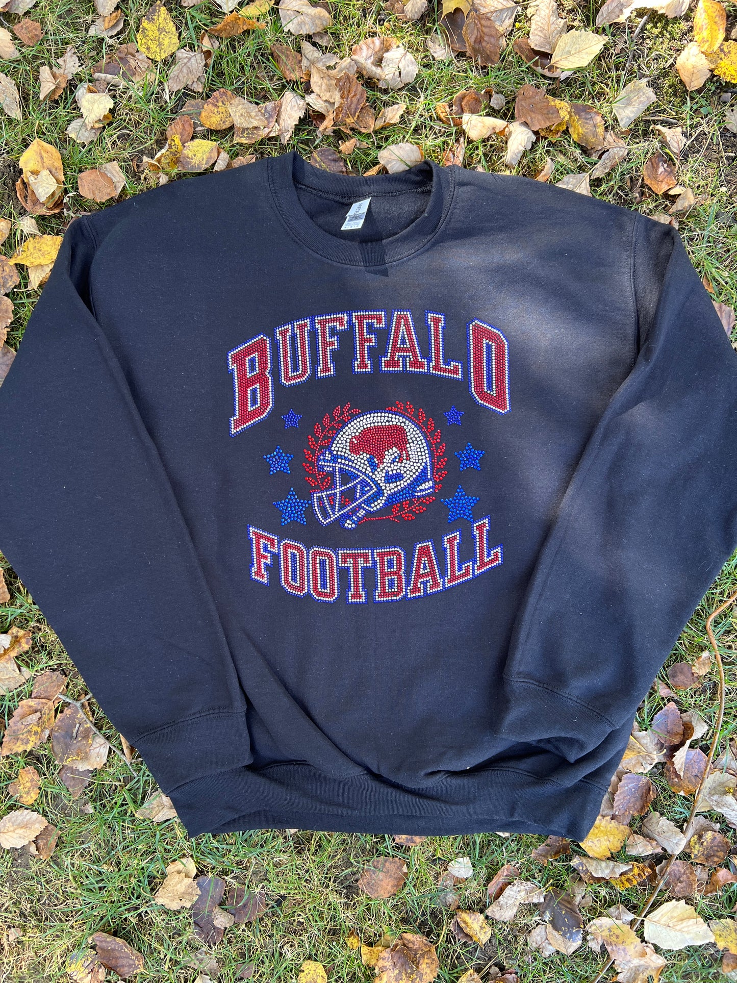 Buffalo football vintage inspired rhinestone crewneck, bling Buffalo crew