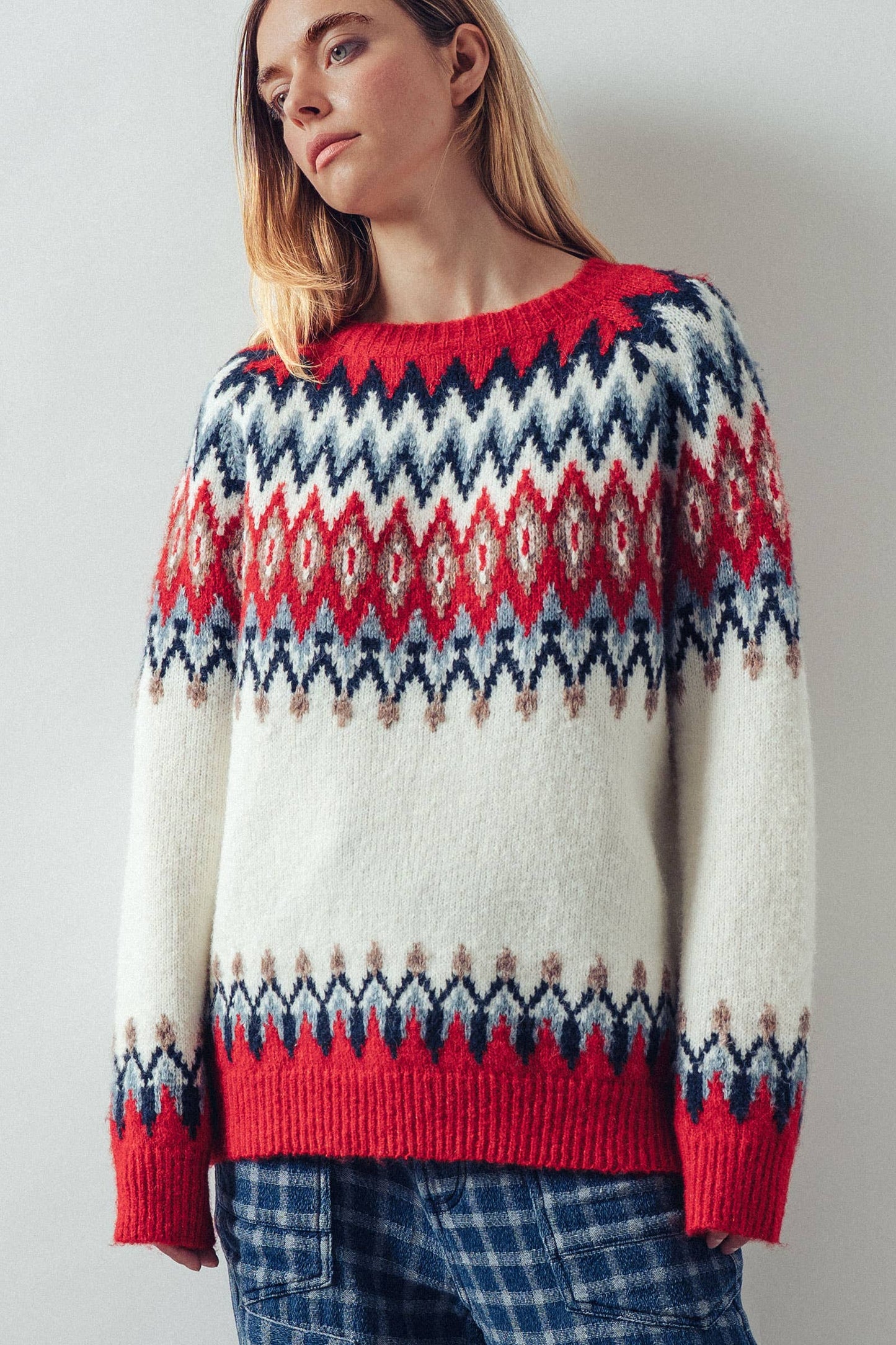 Fair Isle Wool Blend Sweater Top: RED MULTI