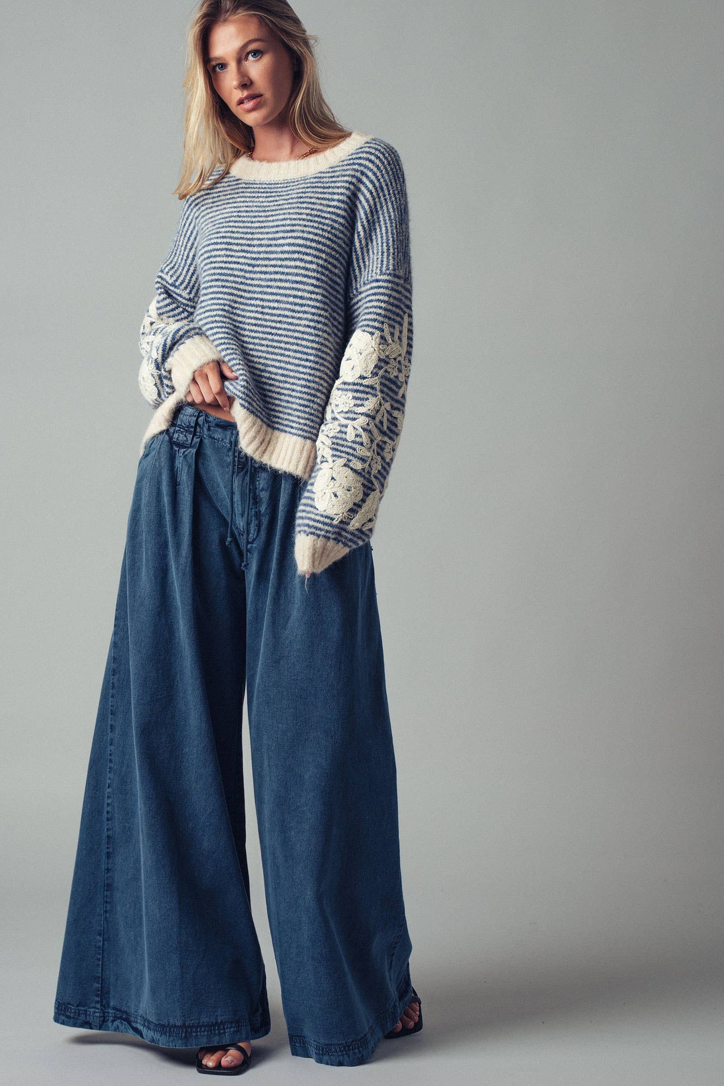 Floral Embroidered Striped Knit Sweater: BLUE