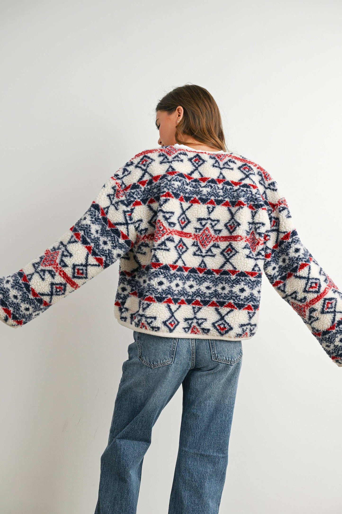 Buttoned Graphic Fleece Long Sleeve Jacket: IVORY / NAVY