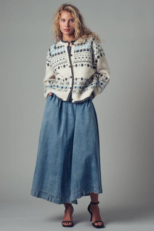 Nordic Pattern Button-Up Knit Cardigan: GREY