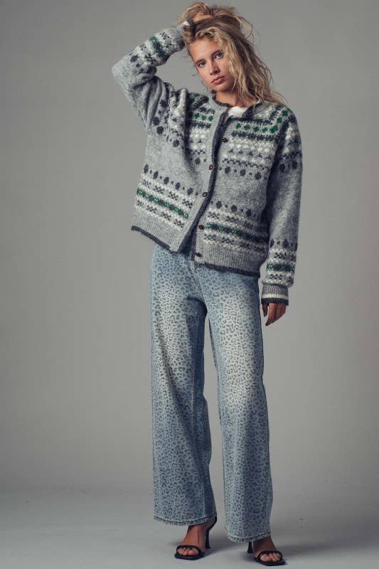 Nordic Pattern Button-Up Knit Cardigan: GREY