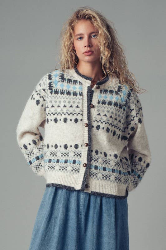 Nordic Pattern Button-Up Knit Cardigan: GREY