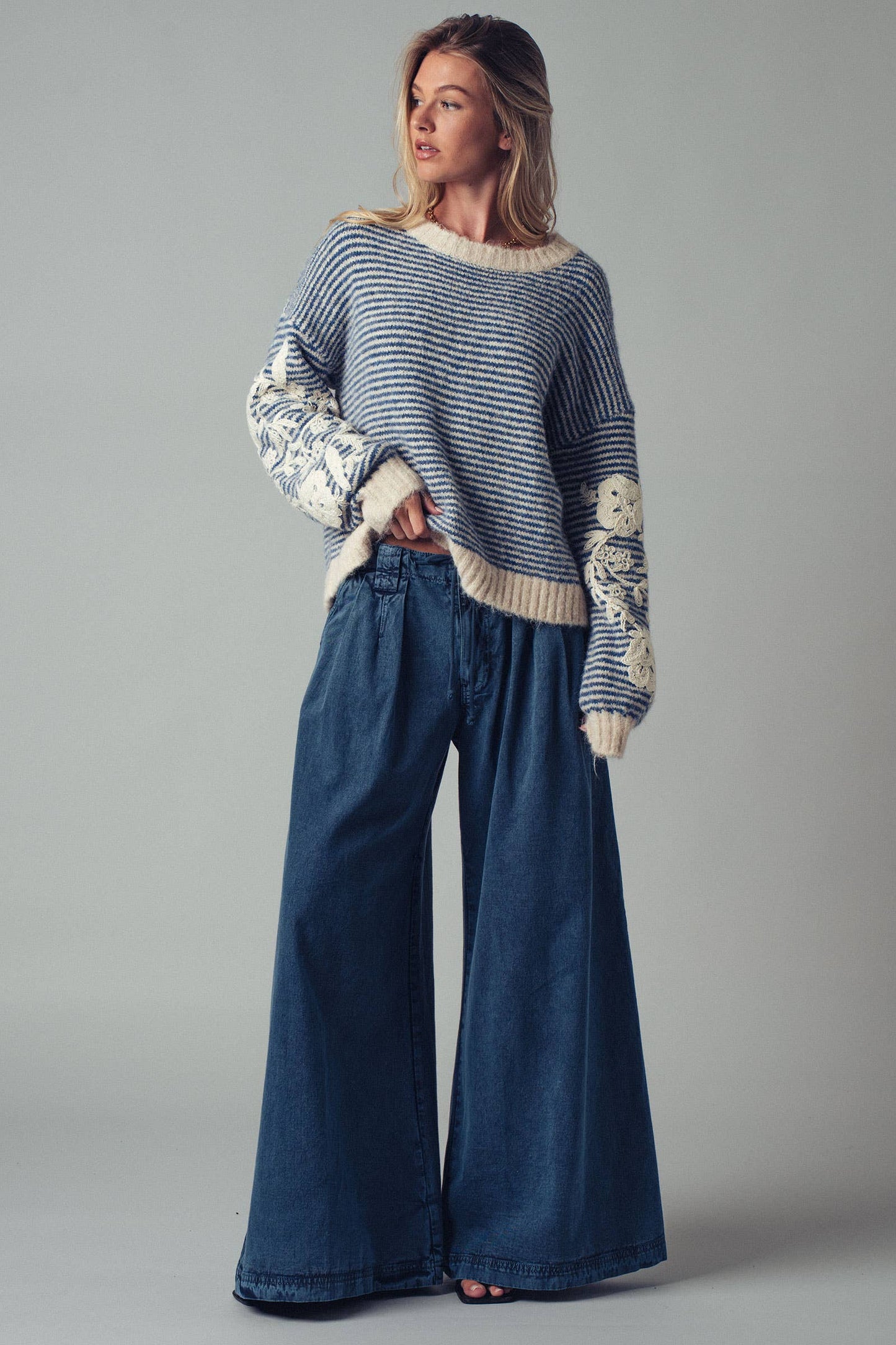 Floral Embroidered Striped Knit Sweater: BLUE