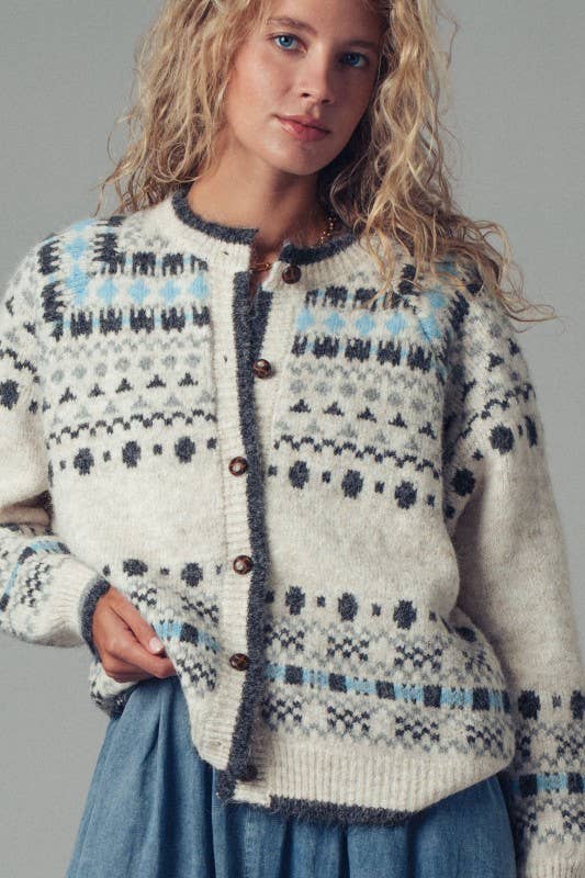 Nordic Pattern Button-Up Knit Cardigan: GREY