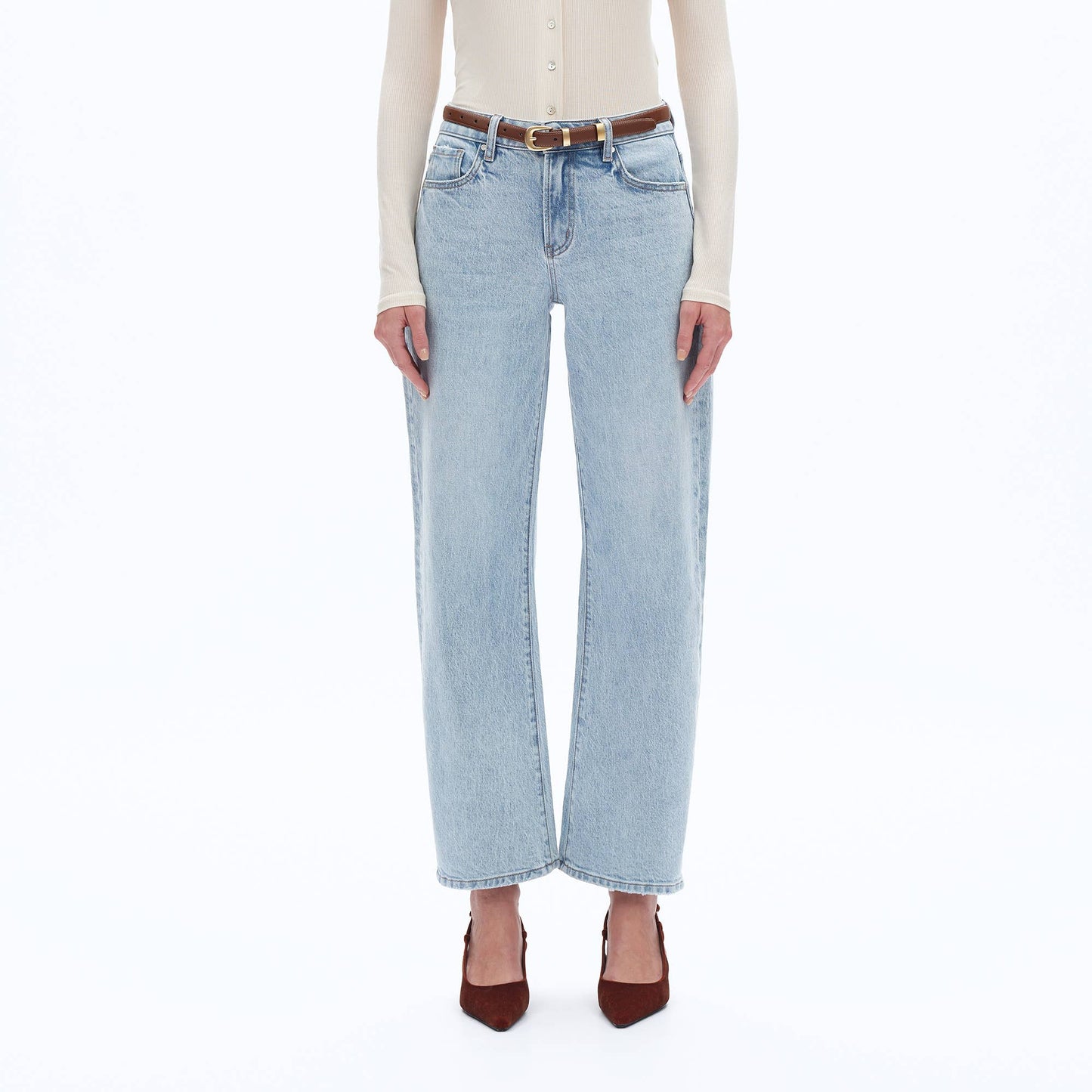 MID RISE BARREL DENIM JEANS WITH FINISHED HEM: LIGHT BLUE