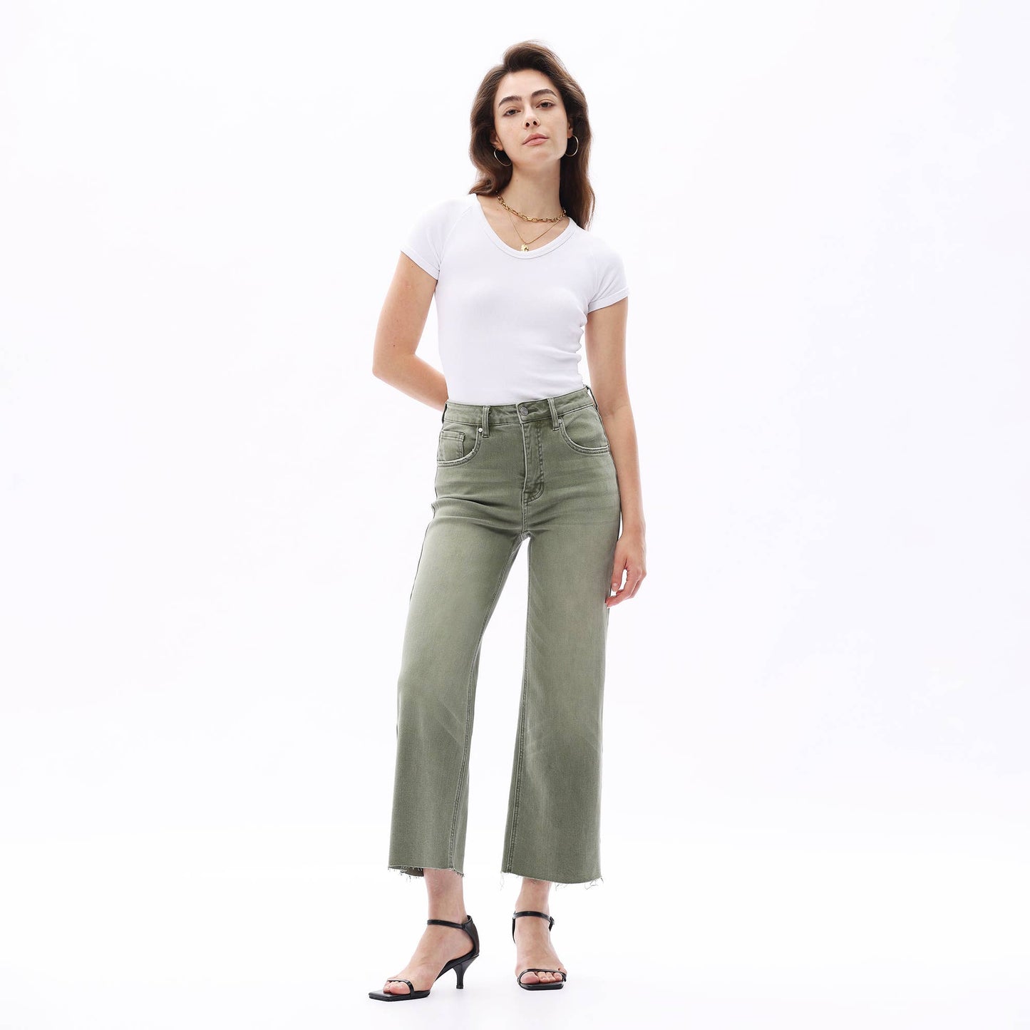 HIGH RISE WIDE LEG PANTS WITH RAW HEM : GREEN