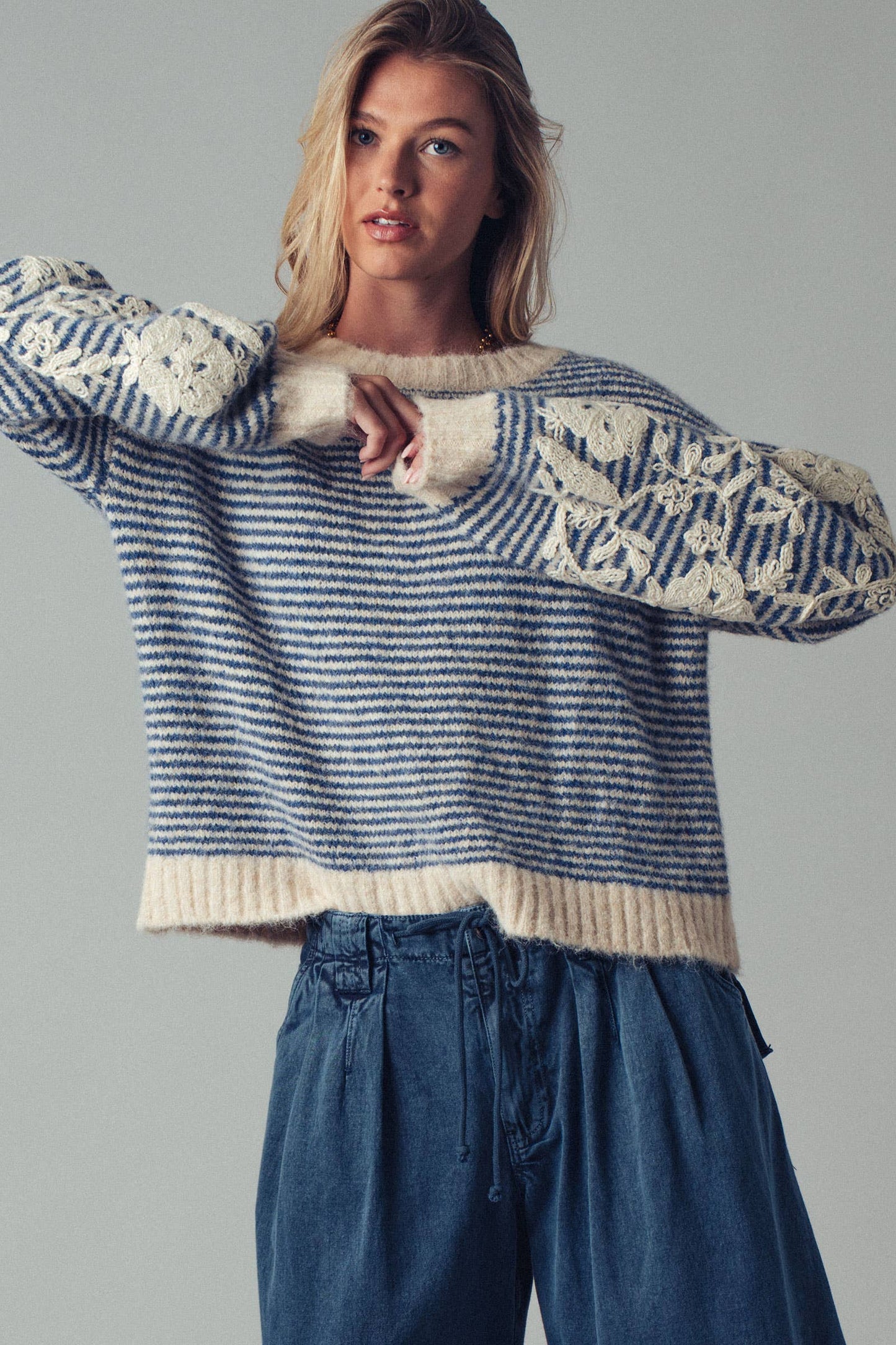 Floral Embroidered Striped Knit Sweater: BLUE