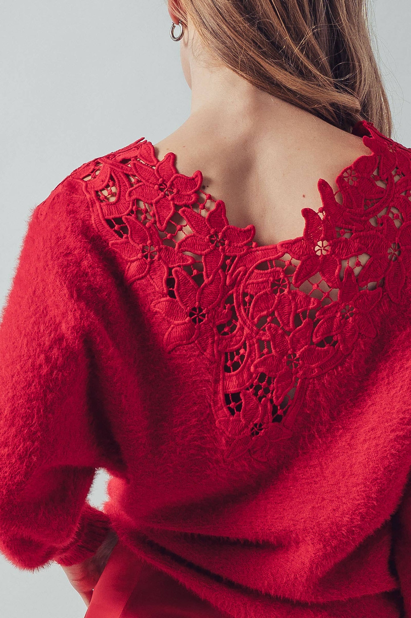 Lace Appliqué Eyelash Knit V-Neck Sweater