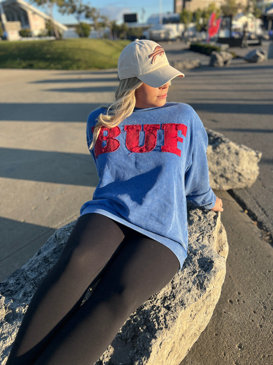 BUF oversized acid wash appliqué crewneck, BUF sweatshirt, BUF appliqué crew