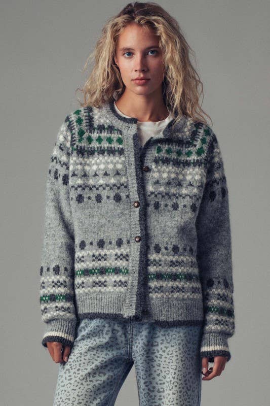 Nordic Pattern Button-Up Knit Cardigan: GREY
