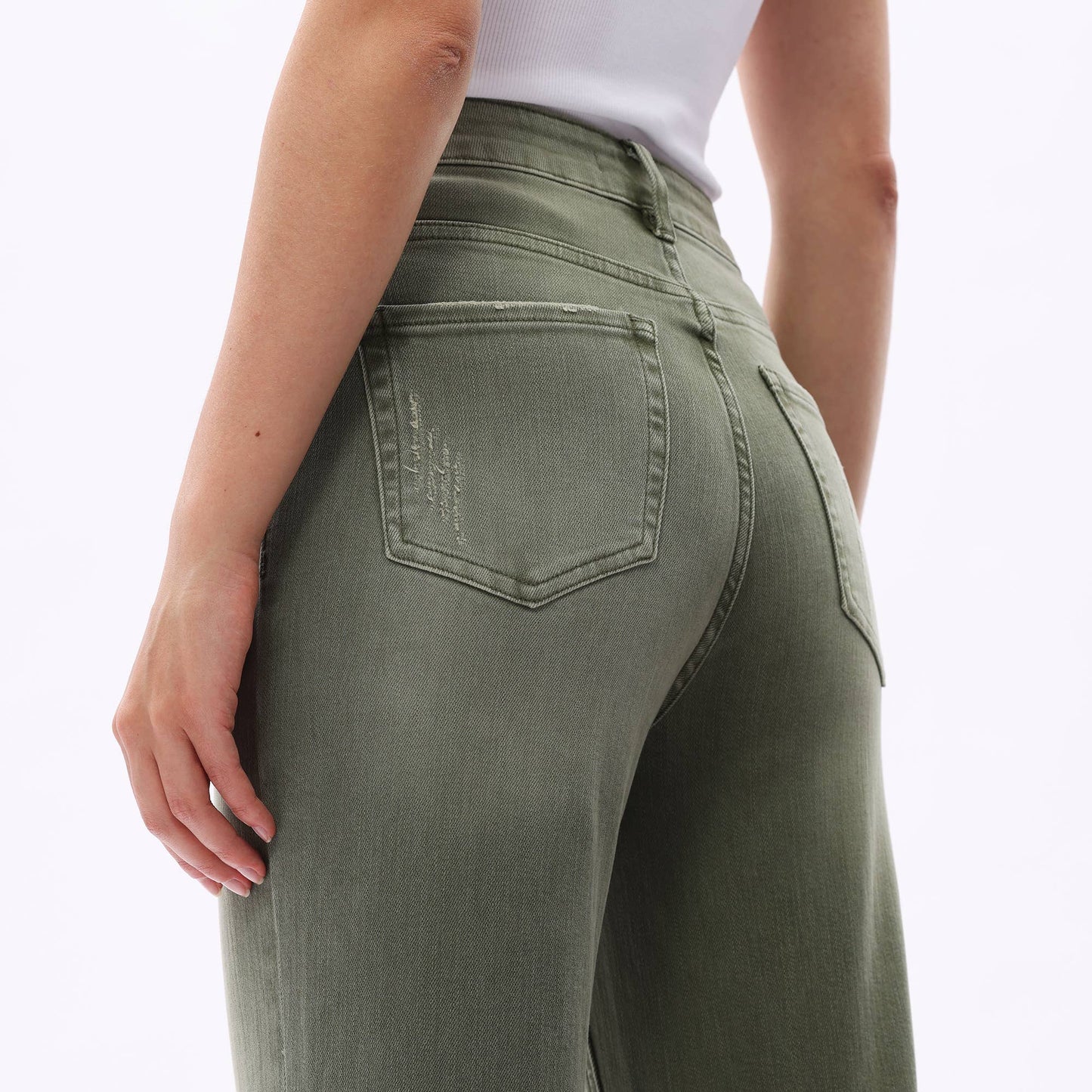 HIGH RISE WIDE LEG PANTS WITH RAW HEM : GREEN