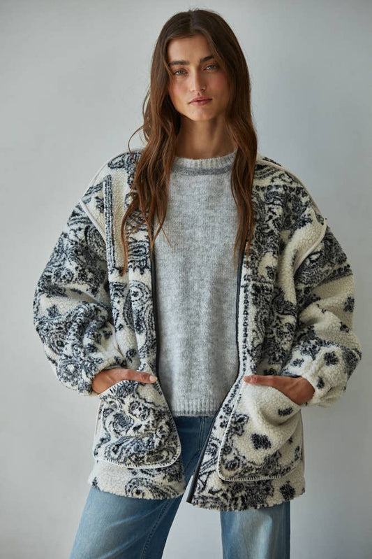 Woven Polyester Fleece Sherpa Paisley Print Jacket : Ivory Black