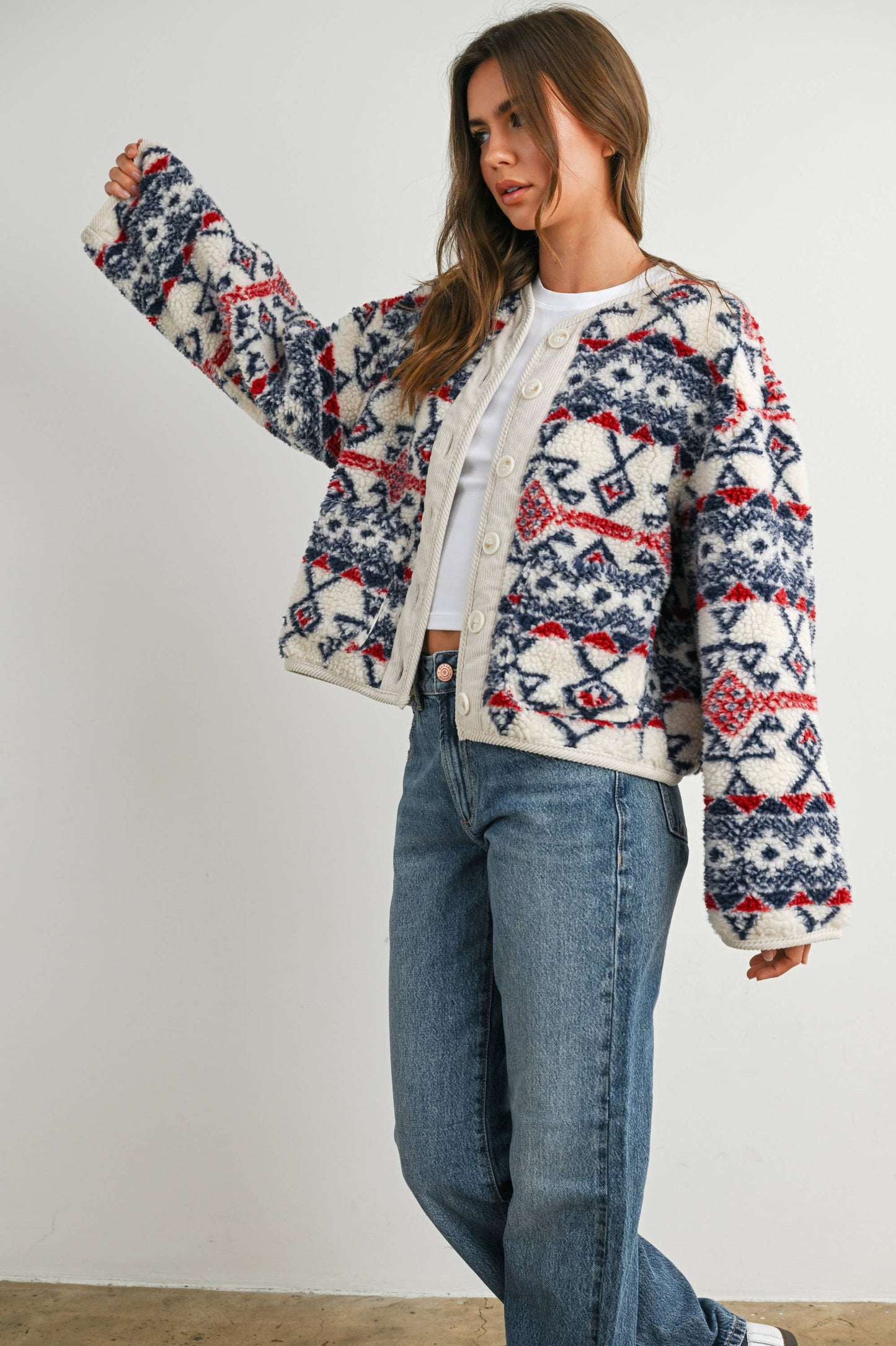 Buttoned Graphic Fleece Long Sleeve Jacket: IVORY / NAVY