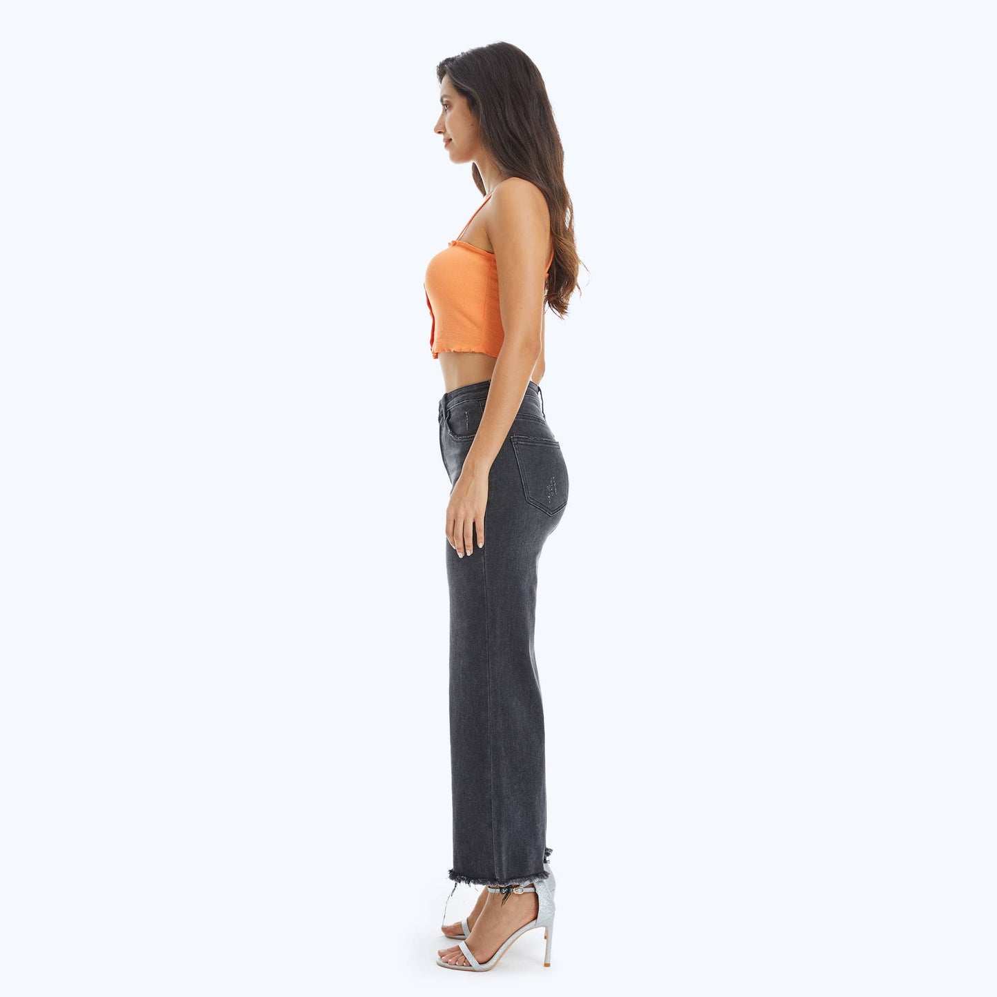 HIGH RISE WIDE LEG JEANS WITH FRAYED HEM: WASHED BLACK