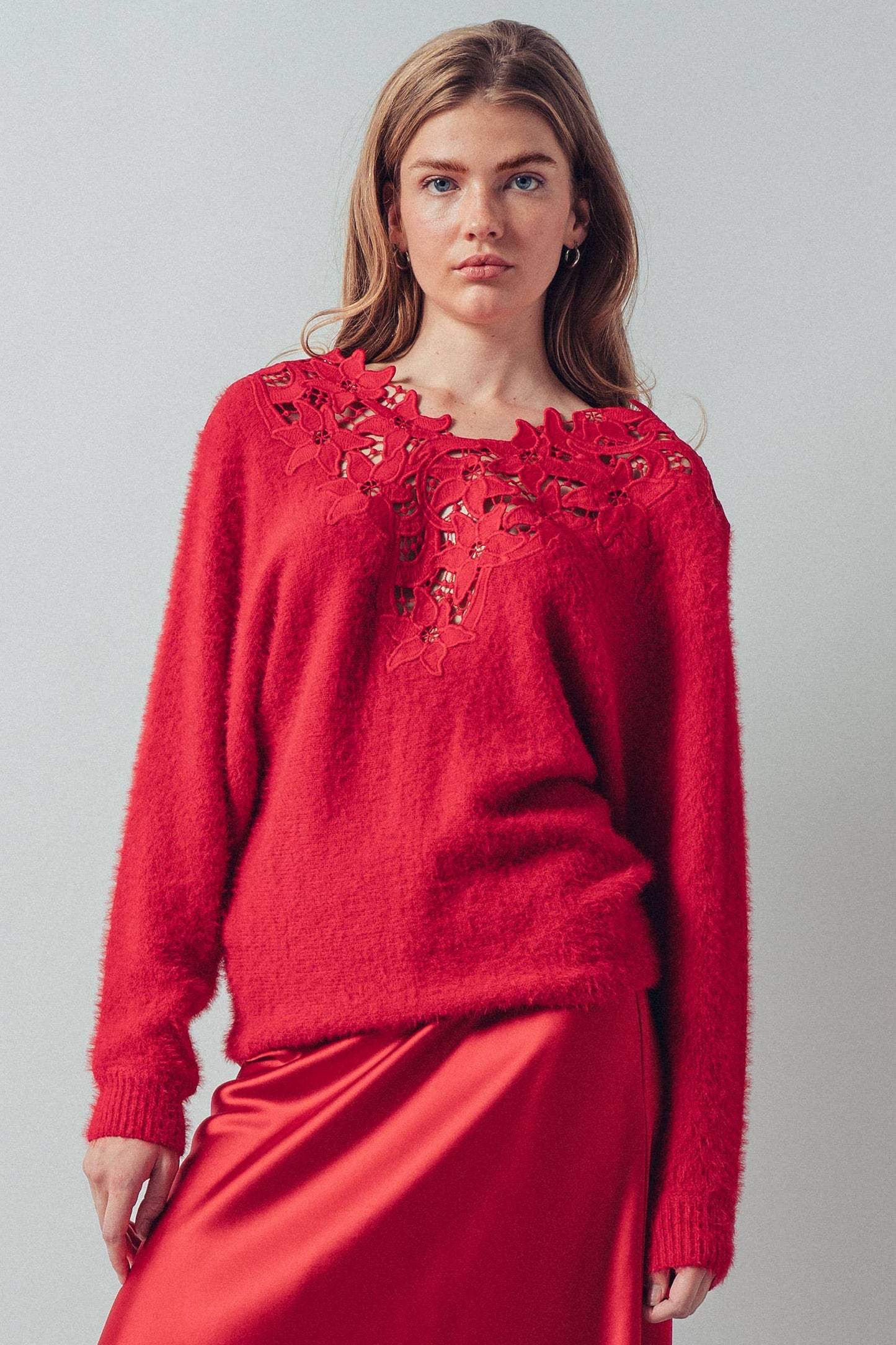 Lace Appliqué Eyelash Knit V-Neck Sweater