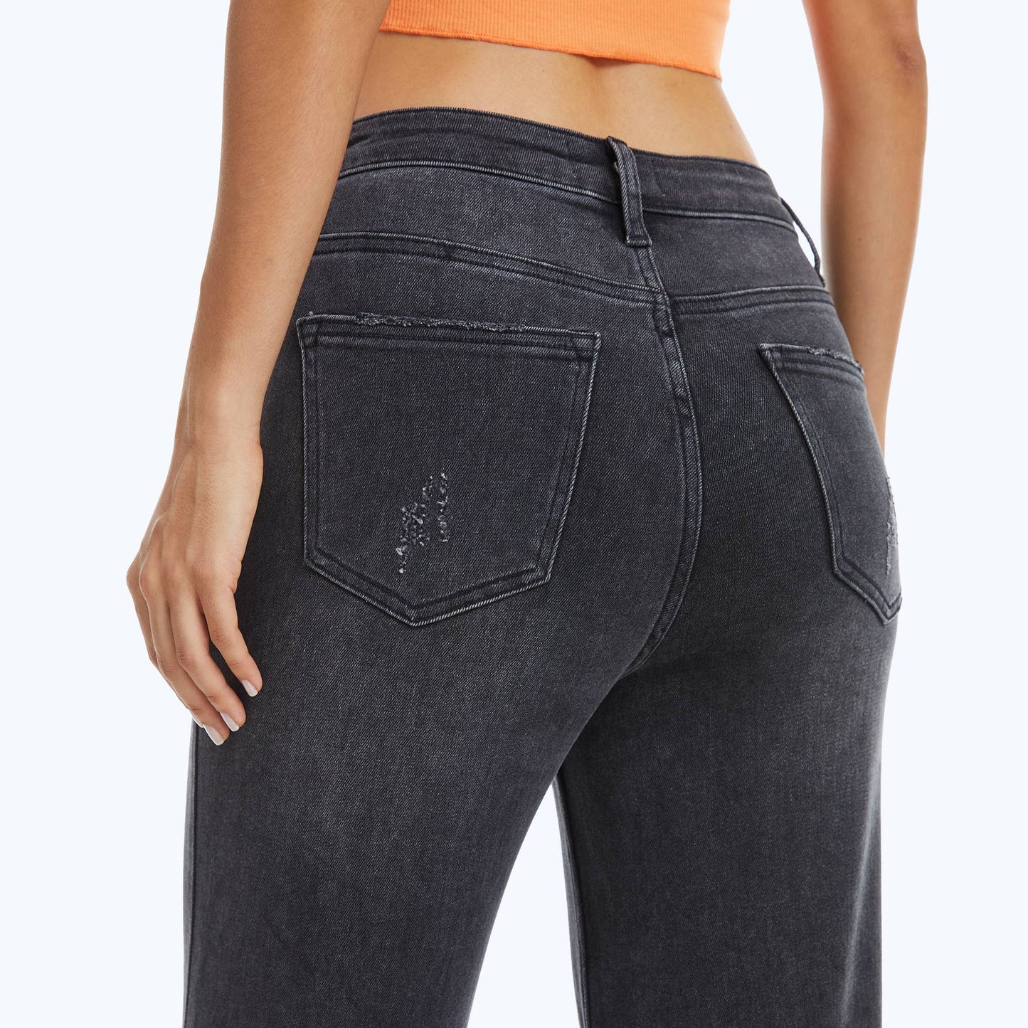 HIGH RISE WIDE LEG JEANS WITH FRAYED HEM: WASHED BLACK