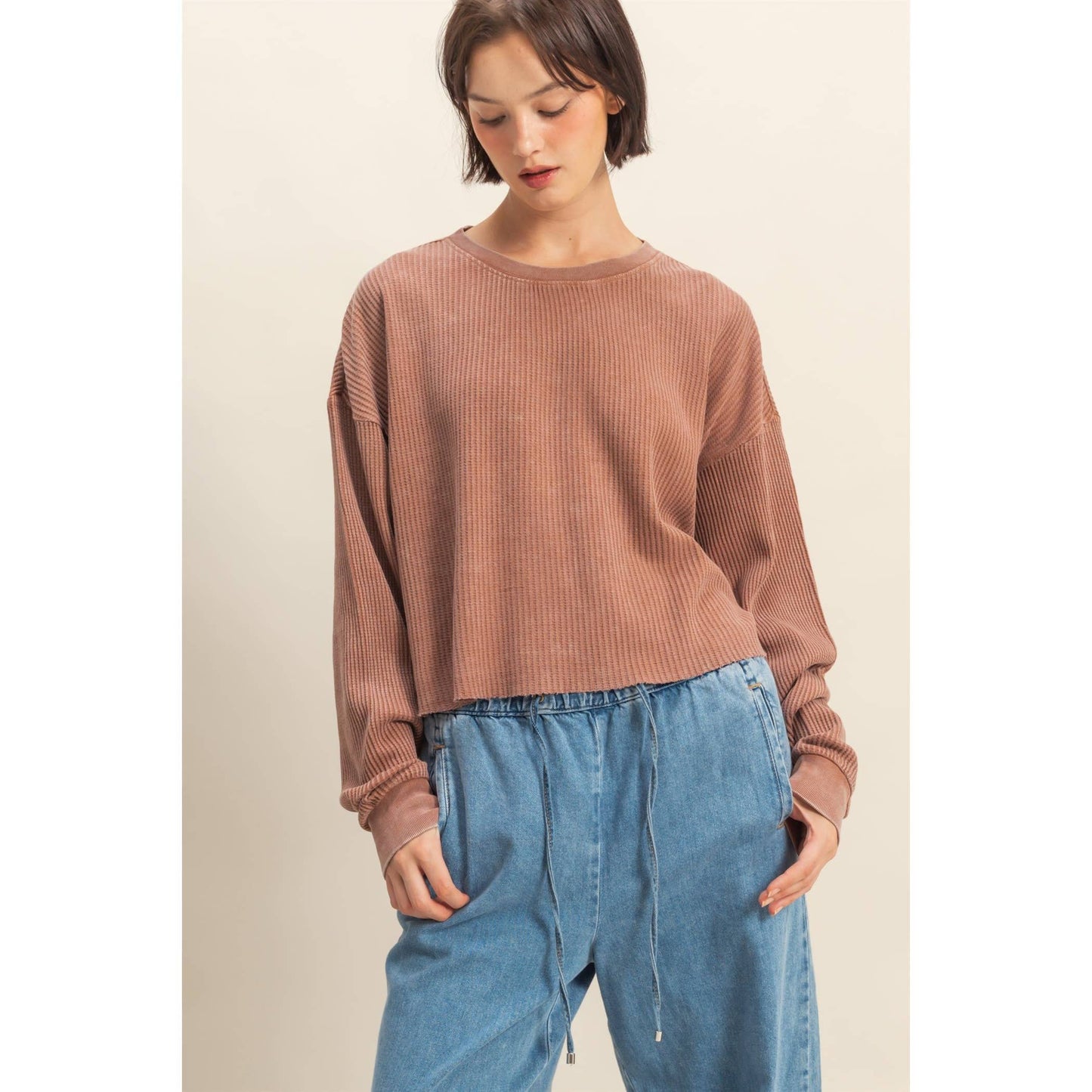 Waffle Long Sleeve Top: CHESTNUT