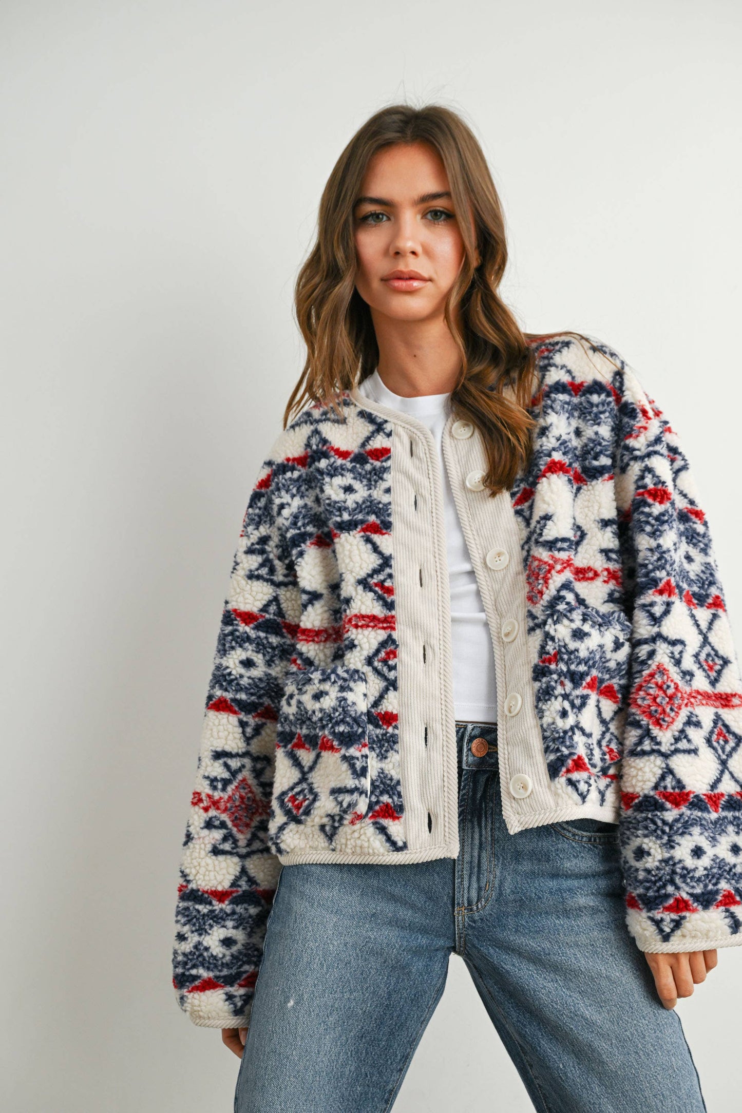 Buttoned Graphic Fleece Long Sleeve Jacket: IVORY / NAVY