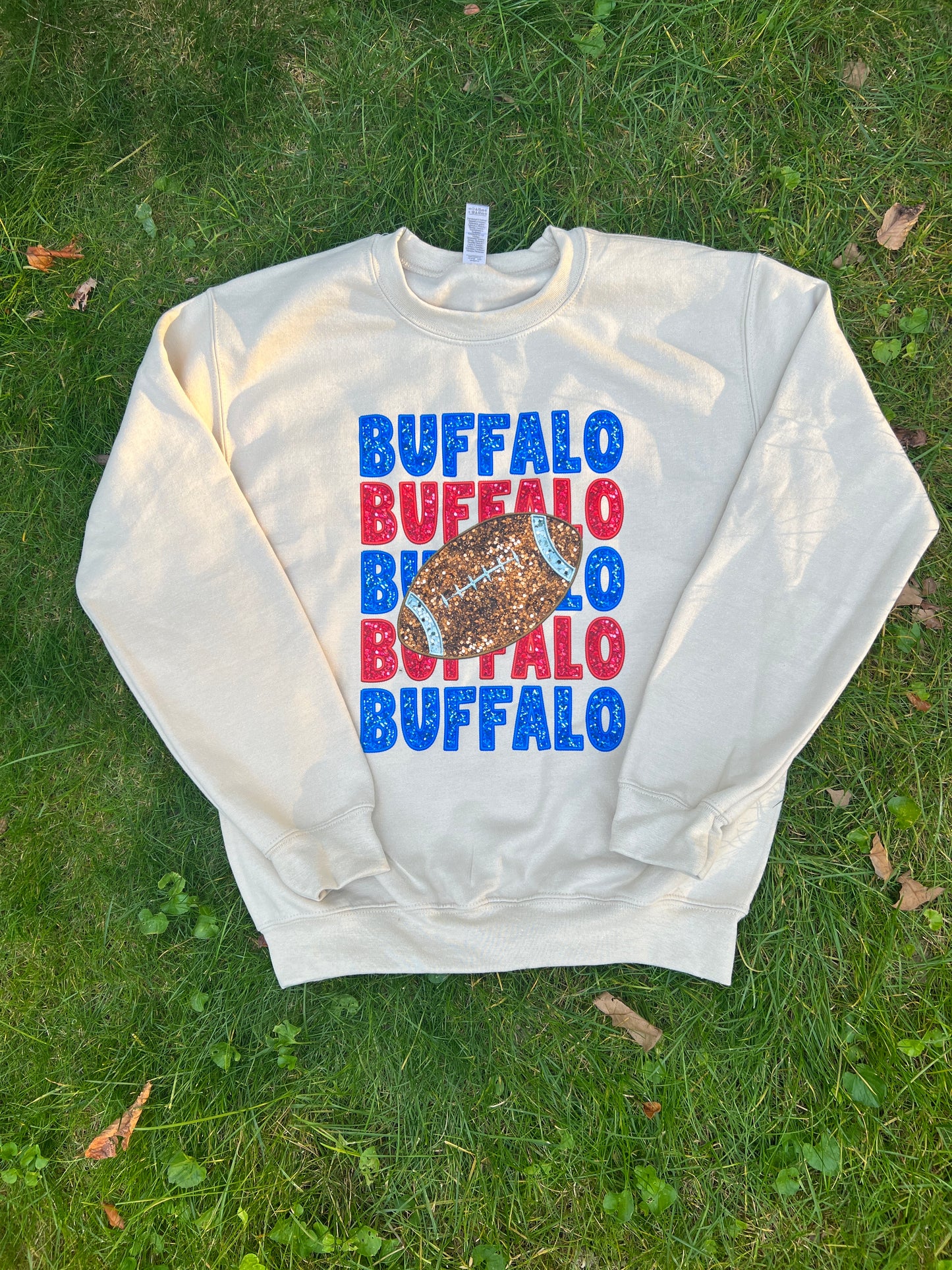 Buffalo faux embroidery sparkle crewneck, Buffalo football neutral crew
