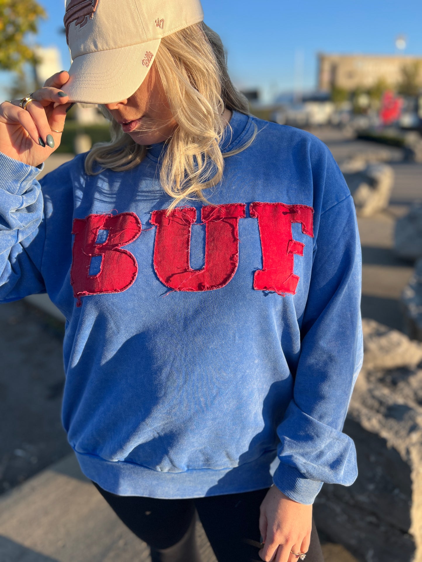 BUF oversized acid wash appliqué crewneck, BUF sweatshirt, BUF appliqué crew