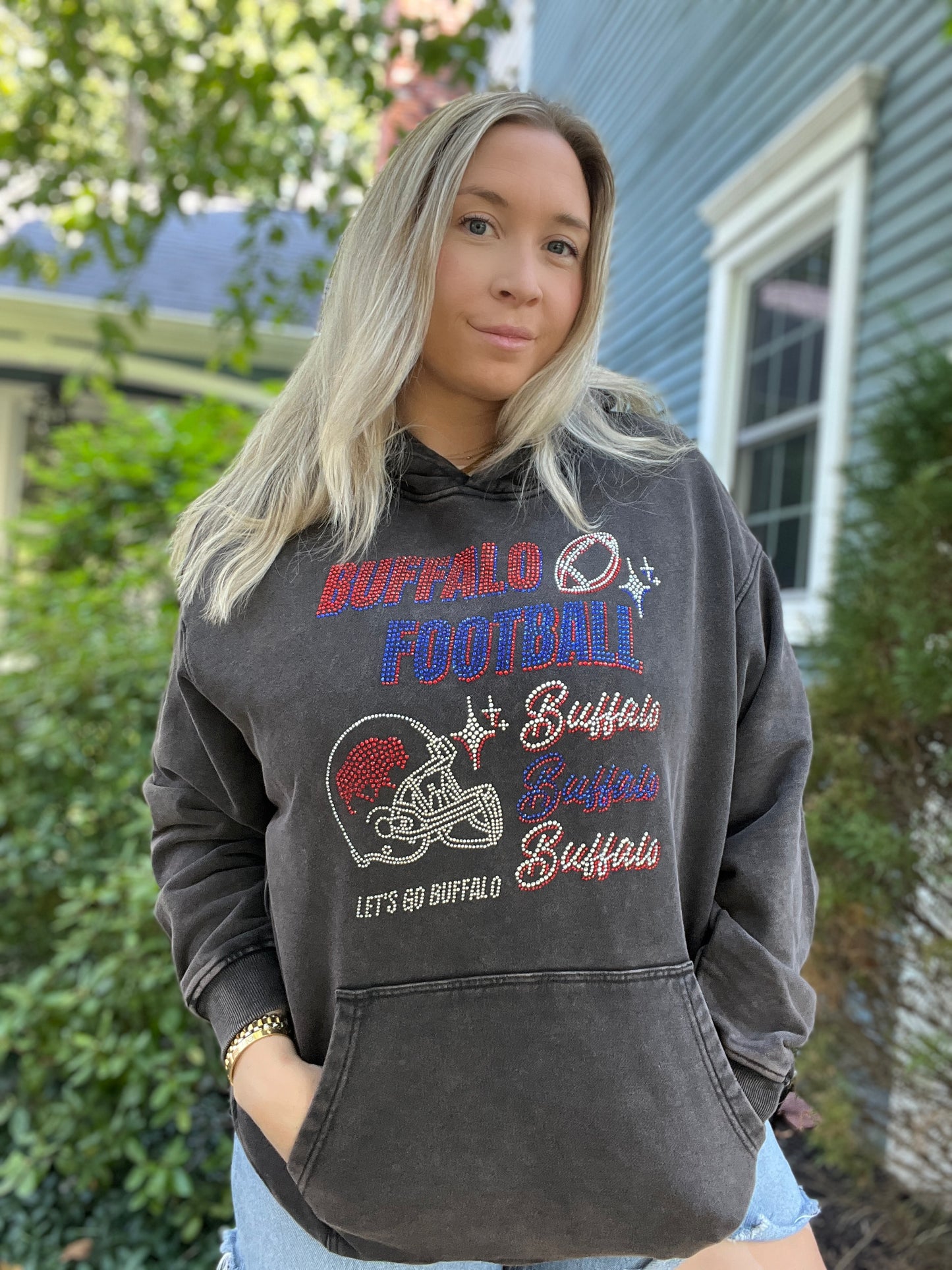 Buffalo Acid Wash Boyfriend Sparkle Hoodie, Thick Buffalo Hoodie, Buffalo football hoodie