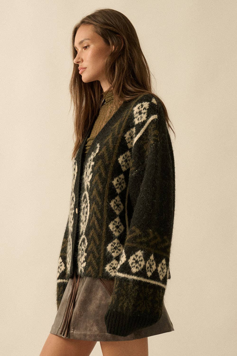 Fuzzy-Knit Patterned Jacquard Button-Up Cardigan