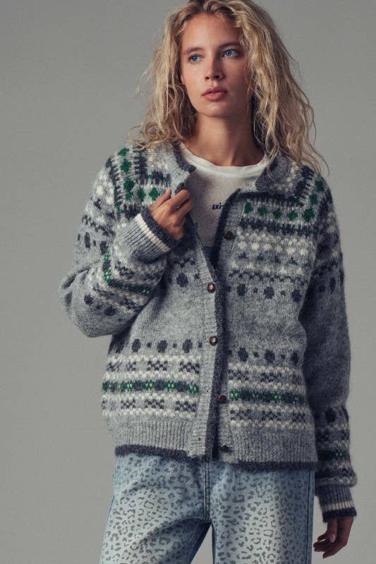 Nordic Pattern Button-Up Knit Cardigan: GREY