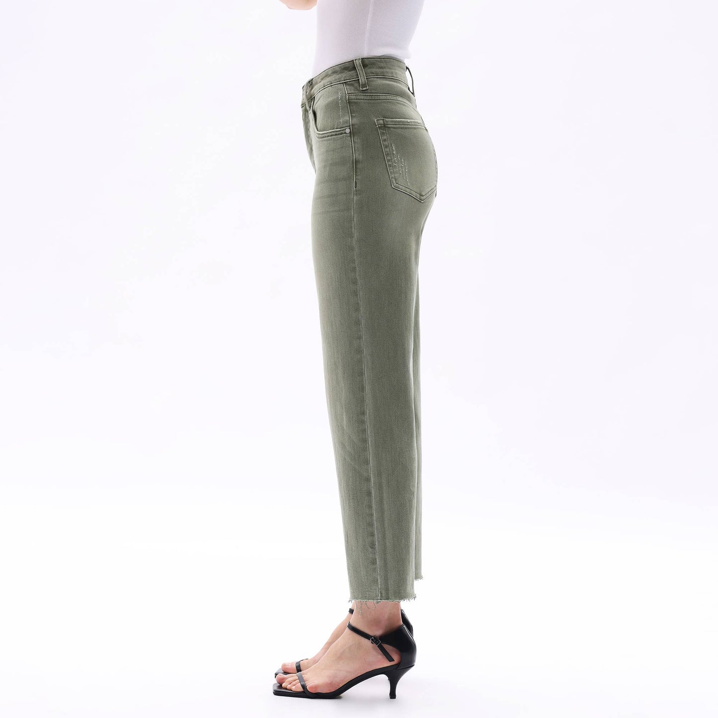 HIGH RISE WIDE LEG PANTS WITH RAW HEM : GREEN