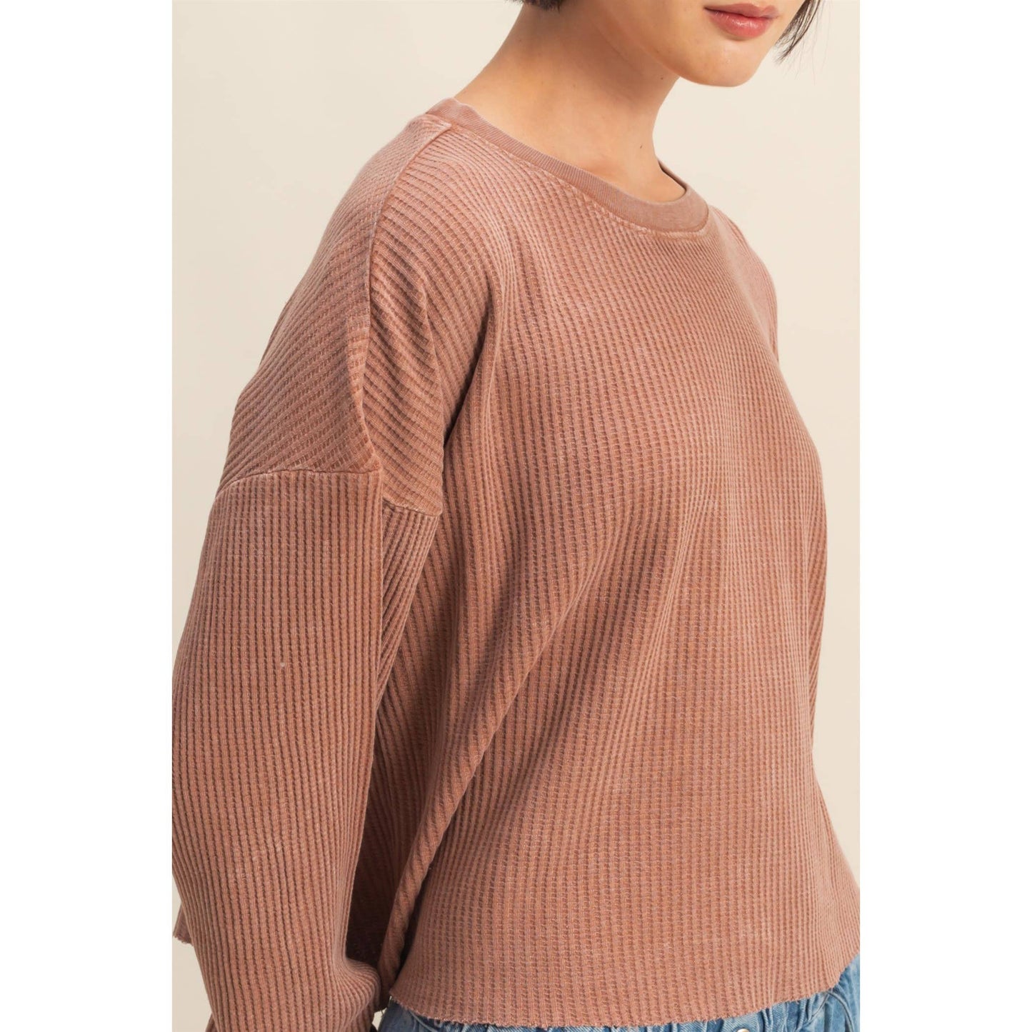 Waffle Long Sleeve Top: CHESTNUT