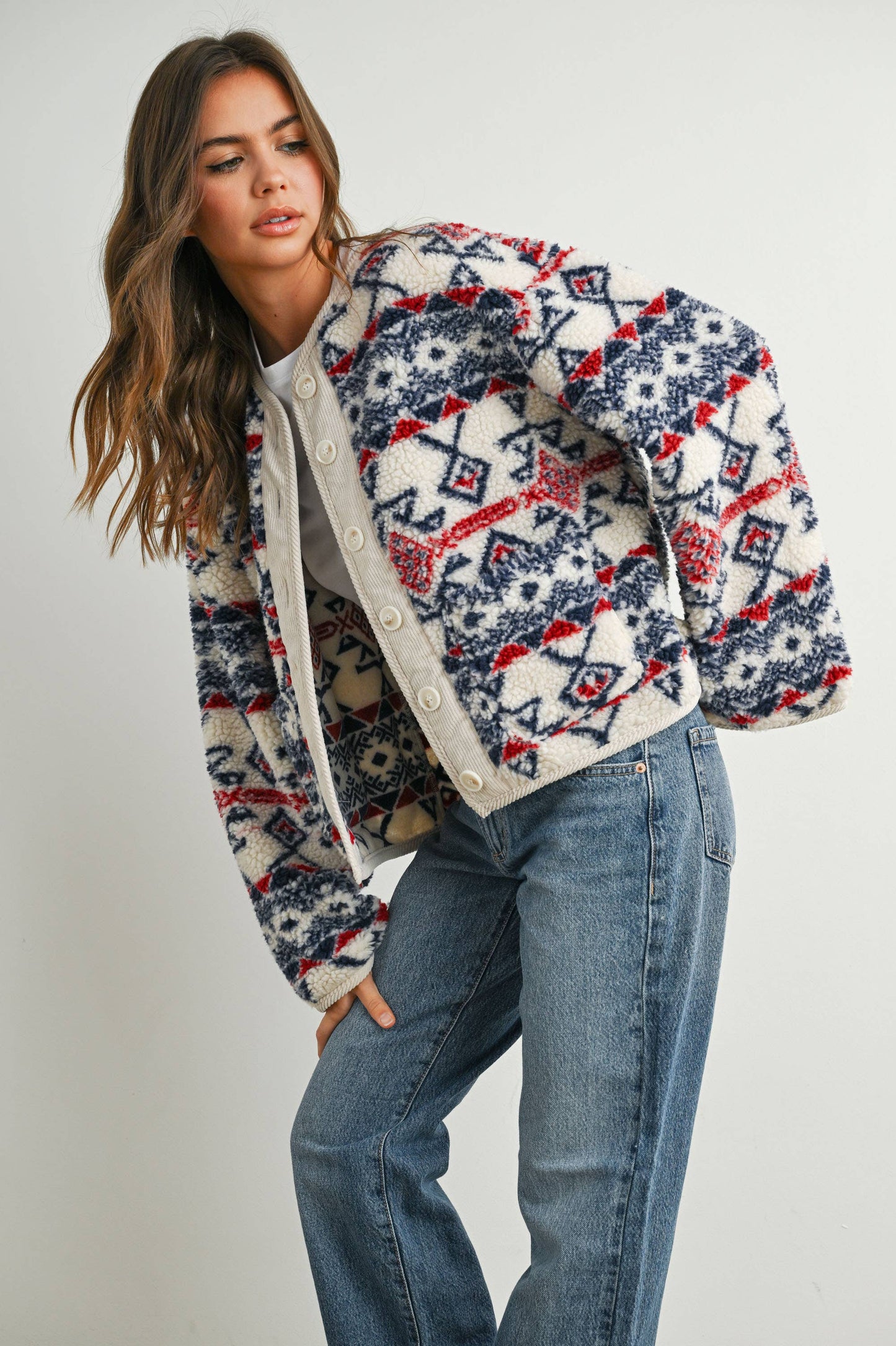 Buttoned Graphic Fleece Long Sleeve Jacket: IVORY / NAVY