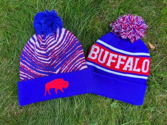 Buffalo knit hat, Buffalo stripe hat, Buffalo winter hat, Buffalo Pom Pom retro hat