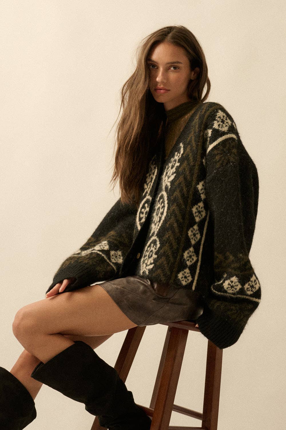 Fuzzy-Knit Patterned Jacquard Button-Up Cardigan