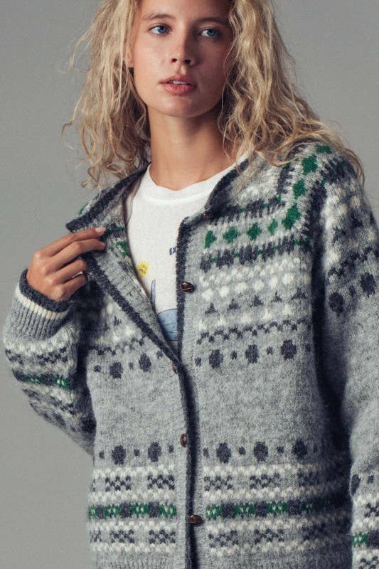 Nordic Pattern Button-Up Knit Cardigan: GREY