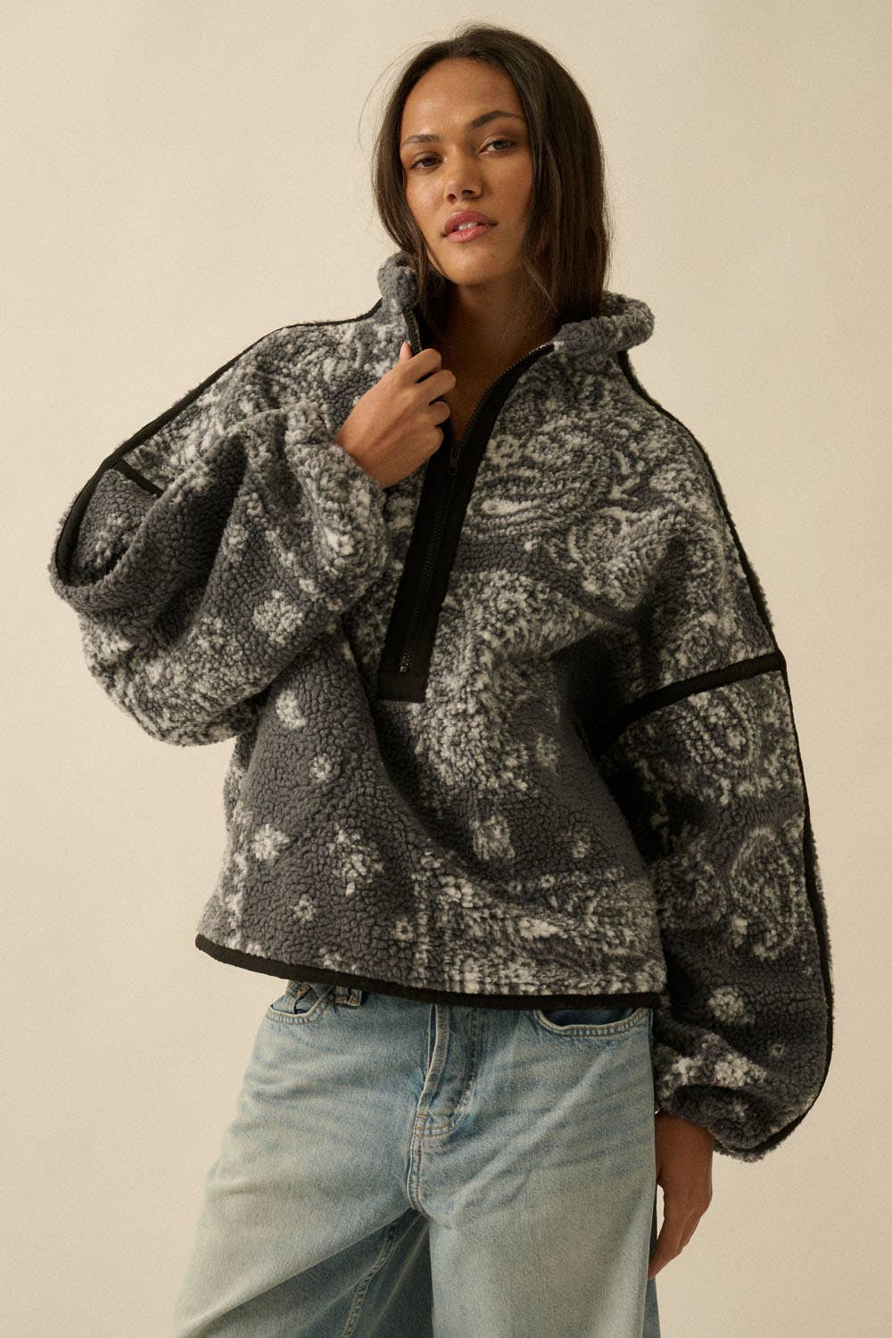 Floral Sherpa Fleece Half-Zip Pullover Jacket