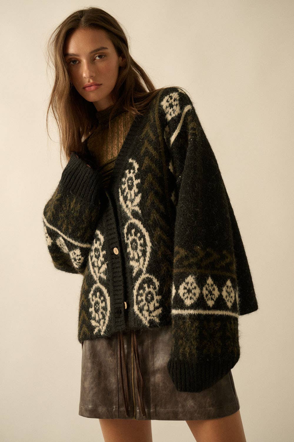 Fuzzy-Knit Patterned Jacquard Button-Up Cardigan