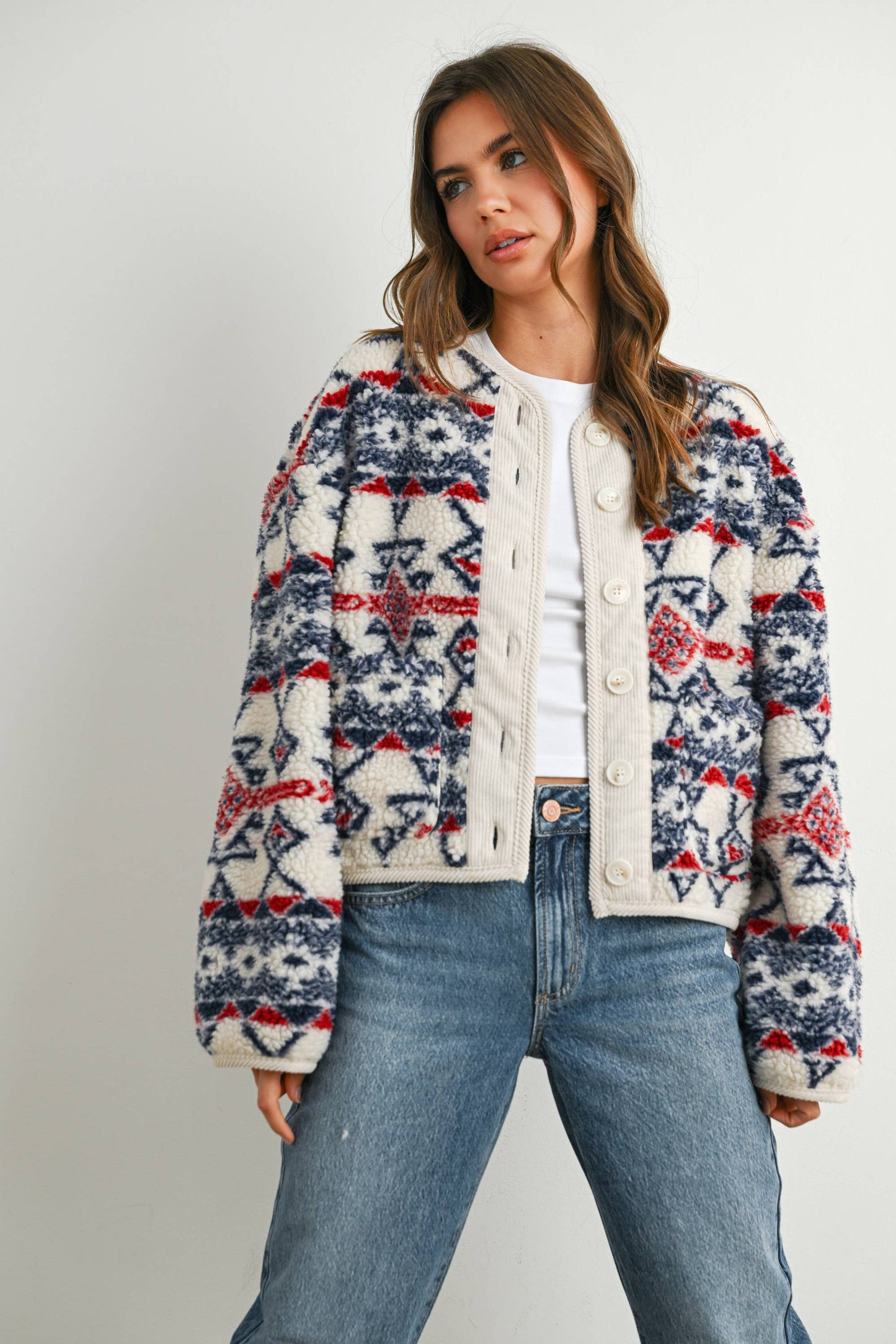 Buttoned Graphic Fleece Long Sleeve Jacket: IVORY / NAVY