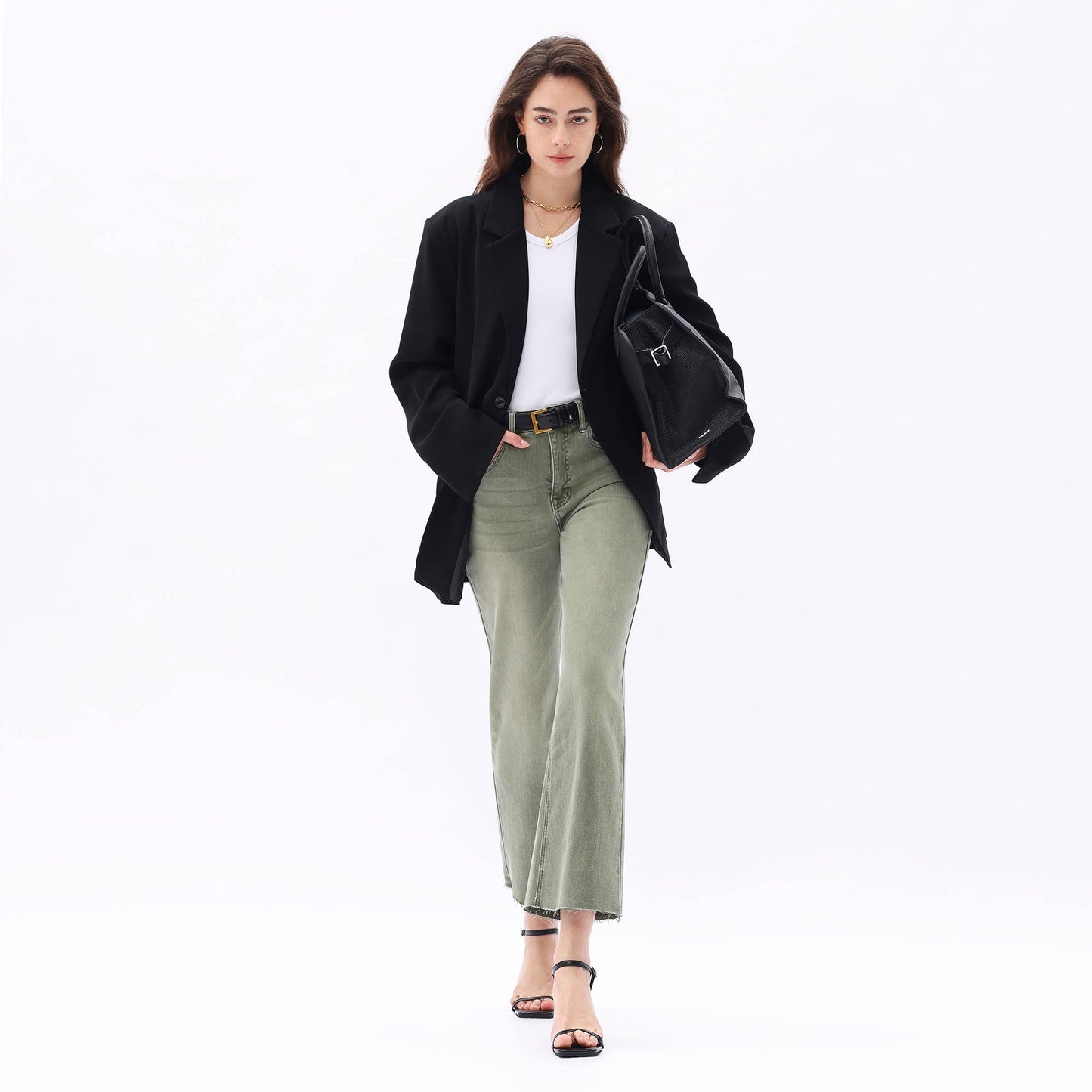 HIGH RISE WIDE LEG PANTS WITH RAW HEM : GREEN