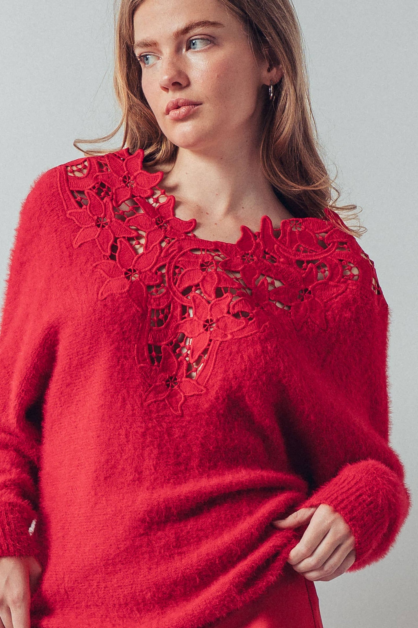 Lace Appliqué Eyelash Knit V-Neck Sweater